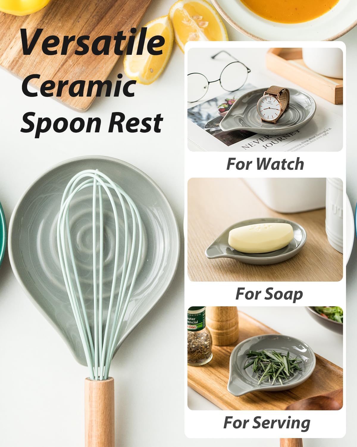 Spoon Rest for Kitchen Countertop Porcelain Spoon Holder for Stove Top Large Holder for Spatula, Spoons or Tongs, Framhouse Decor, Gray