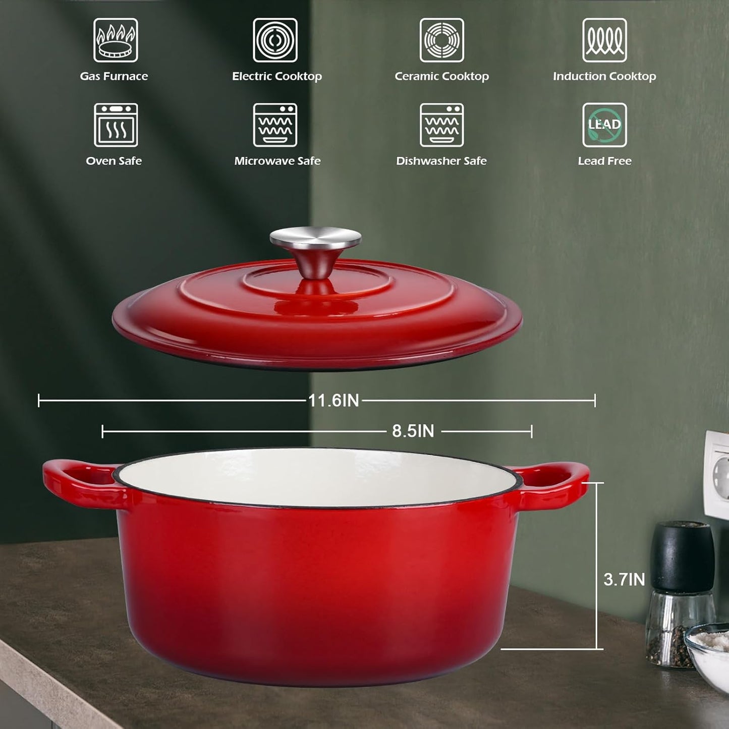 3QT Dutch Oven Pot with Lid, Leonyo 3 Quart Enameled Cast Iron Dutch Oven for Sourdough Bread Baking, Heavy Duty Cookware for Braising, Stews, Roasting, Red