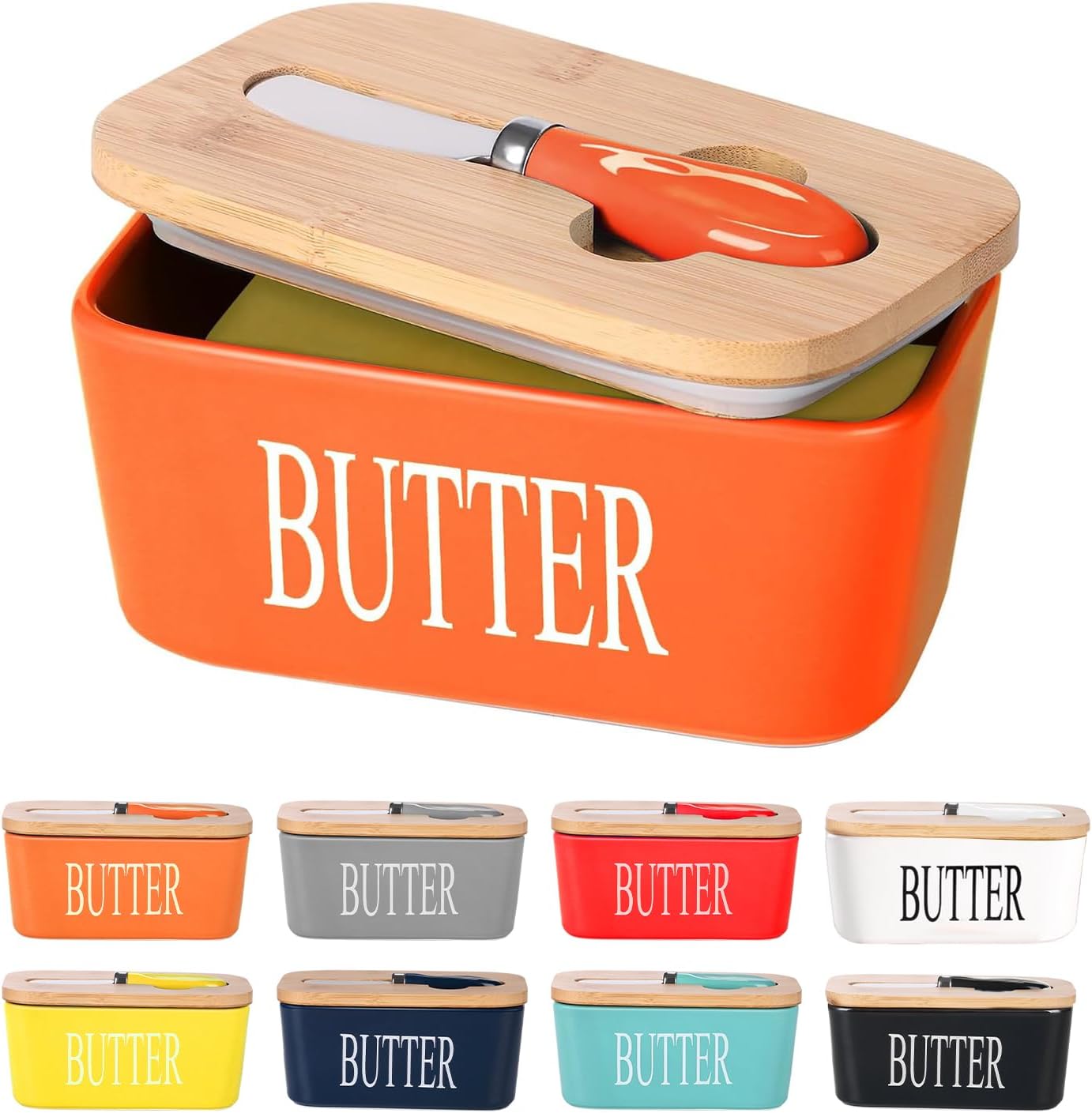 Ceramic Butter Dish with Wooden Lid, Large Butters Container Keeper Storage with Stainless Steel Knife Spreader, Bamboo Cover and Silicone Sealing Ring for West East Coast, Orange