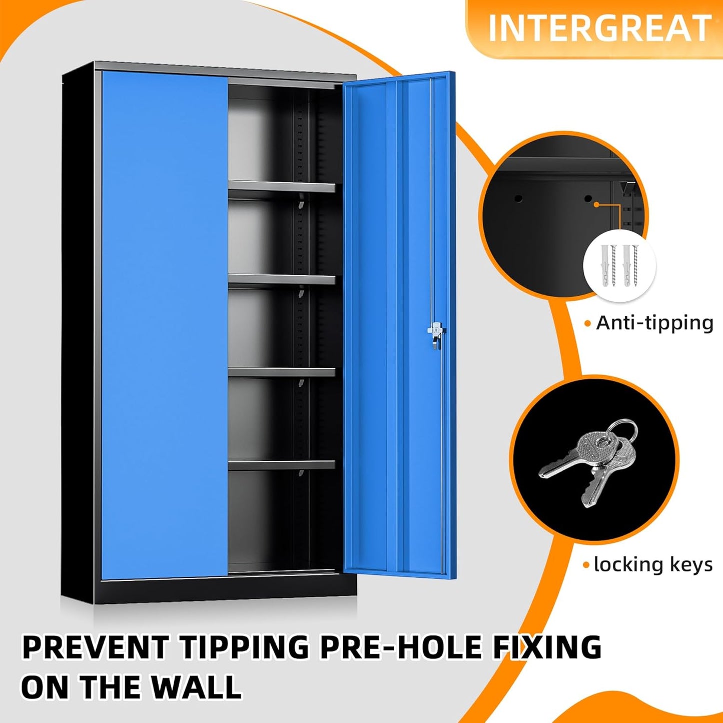 INTERGREAT Storage Cabinet, 72” Steel Locking Closet with Doors and 4 Adjustable Shelves, Tool Unit for Home Office, Garage & Tall Lockable File Cabinet, Black Blue.