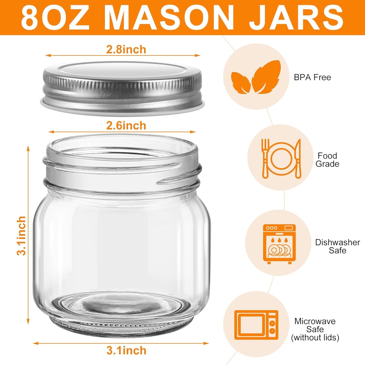 12 Pack Small Mason Jars with Labels, 8 oz Glass Jars with Metal Lids, Half Pint Canning Jars for Jelly, Jam, Honey, Pickles, Spice, Overnight Oats, Food Storage, Candle & DIY Present