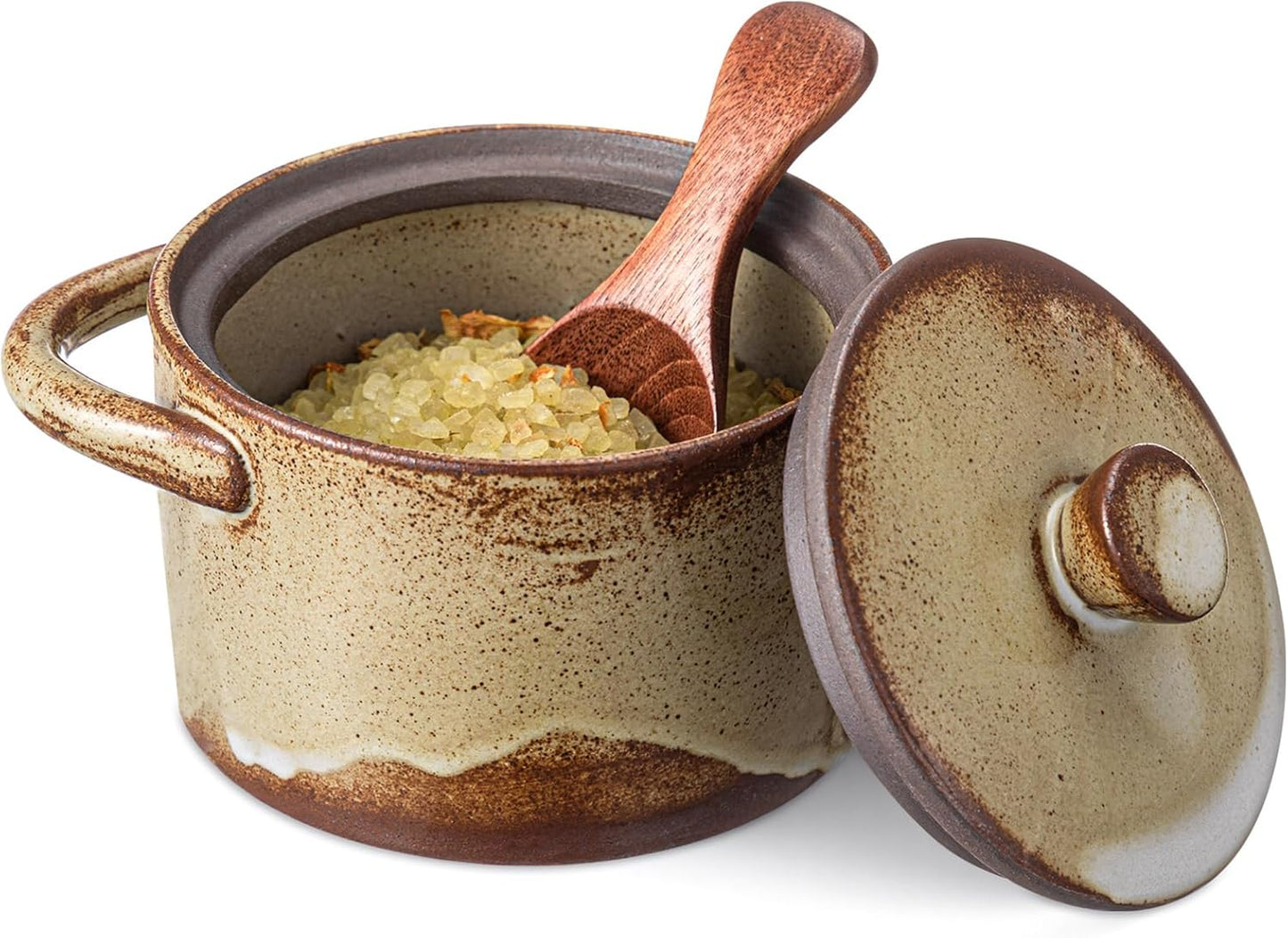 Honeydak Speckled Ceramic Salt Cellar with Lid and Wooden Spoon, Rustic Farmhouse Salt Pepper Cellar Holder for Housewarming Gift, Heavyweight Spices Jar for Kosher, Sea, Sugar(Retro Color)