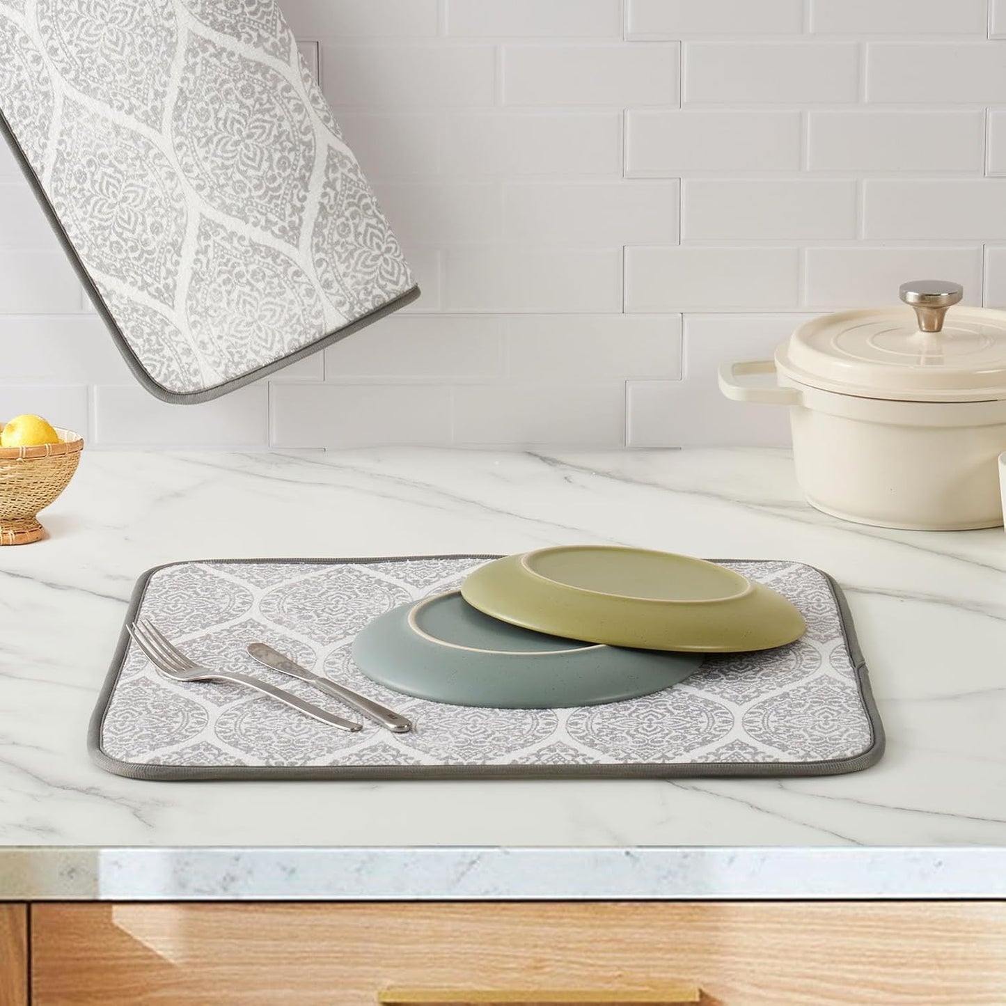 FRESHMINT Printed Dish Drying Mats for Kitchen Counter 2 Pack Absorbent Reversible Drying Mats Microfiber Kitchen Countertop Protector Dishes Drying Pad Extra Large 18"x16" Dish Mat