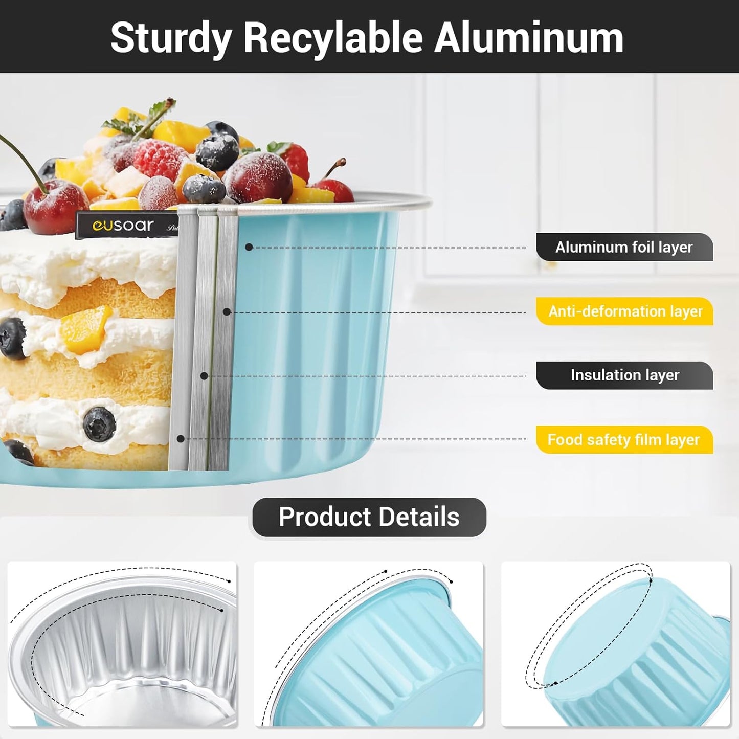 EUSOAR Disposable Ramekins with Lids, Lake Blue 60Packs 5oz Aluminum Foil Mini Muffin Liners, Dessert Cheesecake Pan Creme Brulee Cupcake Ramekins Containers for Catering Gathering Club Wedding Party