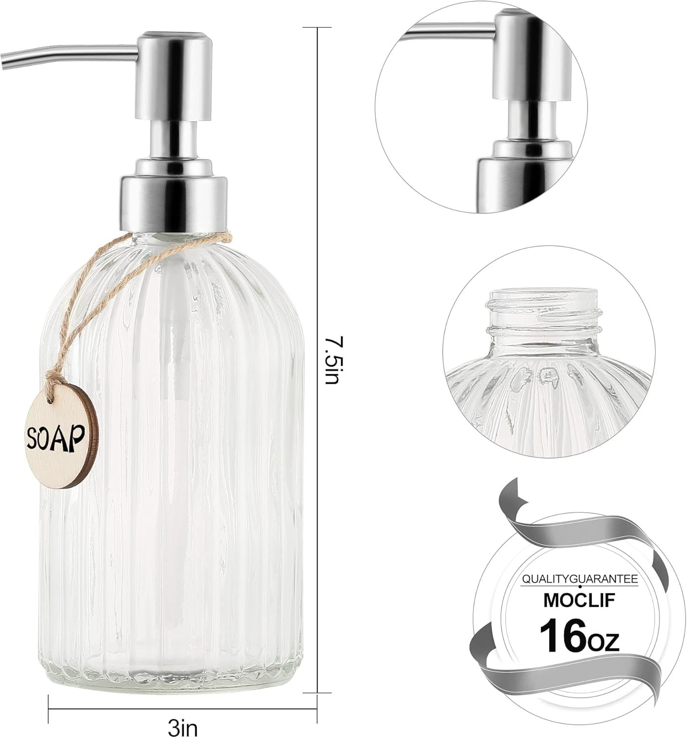 16 OZ Soap Dispenser，Tempered Glass Clear Vertical Stripe with 304 Rust Proof Stainless Steel Pump Refillable Liquid Hand Soap Dispenser，for Bathroom, Kitchen, Dish Soap，Lotion (Clear)