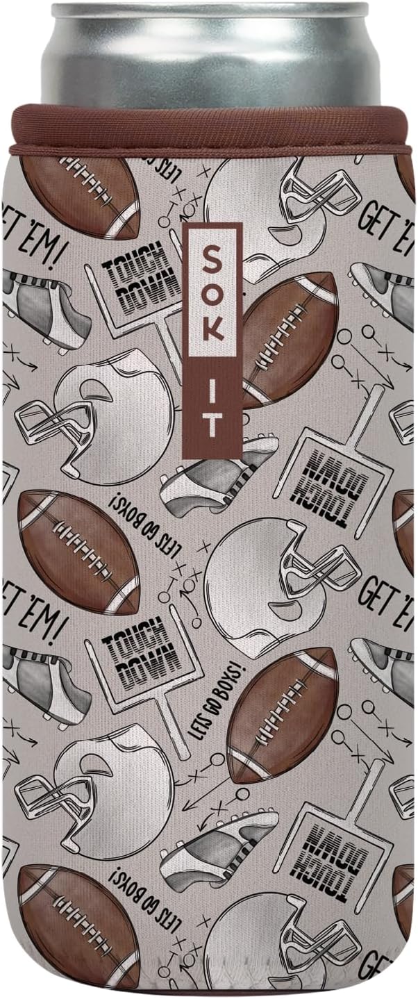 Sok It CanSok Sleeve for Beer & Soda Insulated Neoprene Cover (Football, 12oz Slim Can Sleeve)