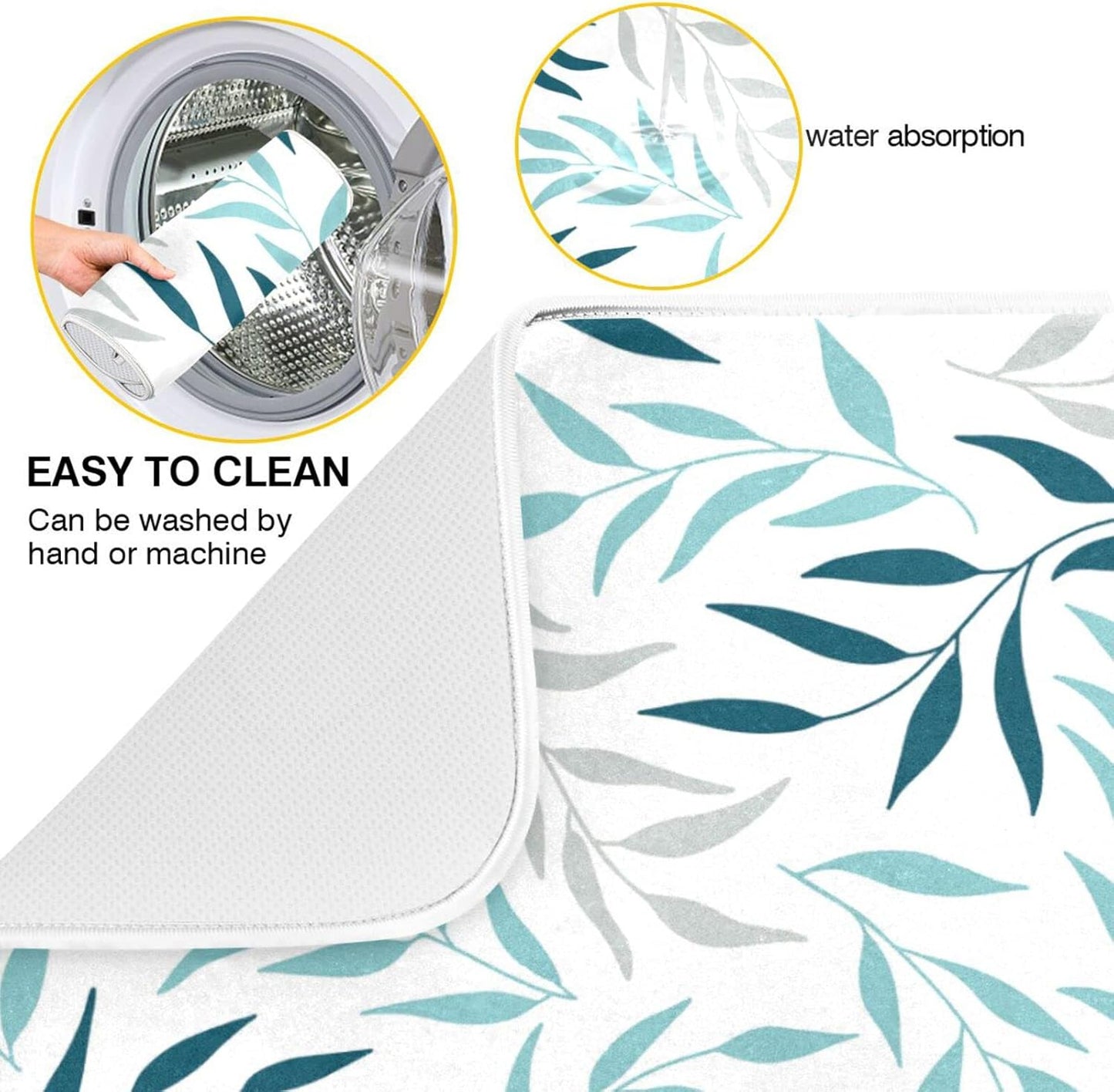 Blue Grey Olive Leaves Dish Drying Mat for Kitchen Counter Absorbent Microfiber Drying Pad, Medium 16x18 in, Reversible Drainer Mats