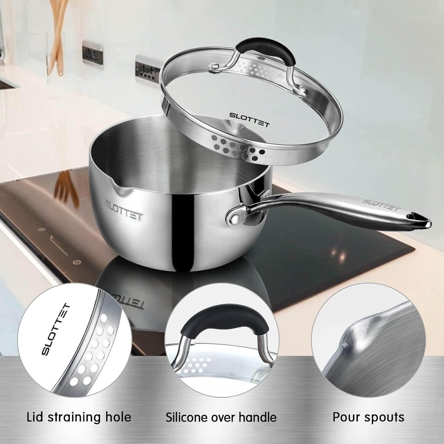 Tri-Ply Whole-Clad Stainless Steel Sauce Pan with Pour Spout,1.5 Quart Small Multipurpose Pasta Pot with Strainer Glass Lid, Saucepan for Cooking with Stay-cool Handle.