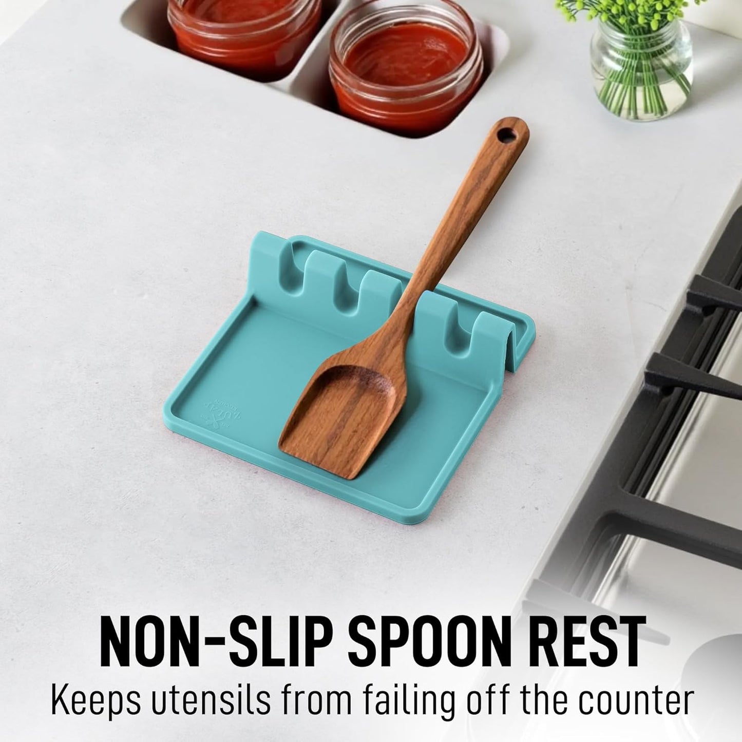 Zulay Kitchen Silicone Utensil Rest with Drip Pad for Multiple Utensils - BPA-Free, Heat-Resistant Spoon Rest & Spoon Holder for Stove Top - Kitchen Utensil Holder for Ladles & Tongs - Aqua Sky