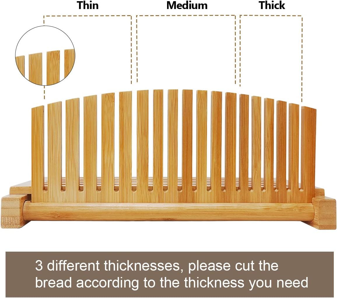 Bread Slicer for Homemade Bread, Bamboo Loaf Cutter with Knife and Crumb Catcher, Adjustable Foldable and Compact Cutting Guide 3 Size Slicing Guide