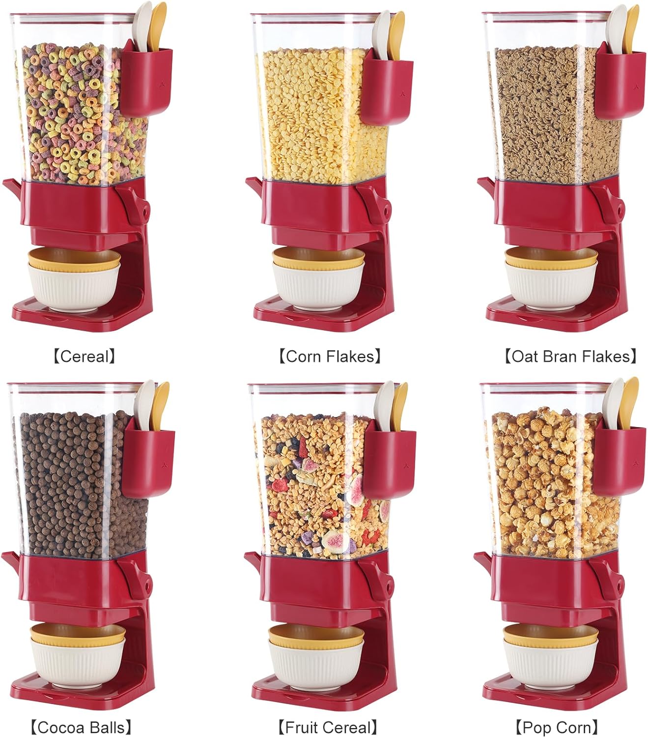 Cereal Dispenser Countertop Red 2 Pack with Creal Bowls Spoons Cutlery Box, Cereal Containers Storage - Not Easy to Crush Food, Dry Food Dispenser For Pantry Candy Snack