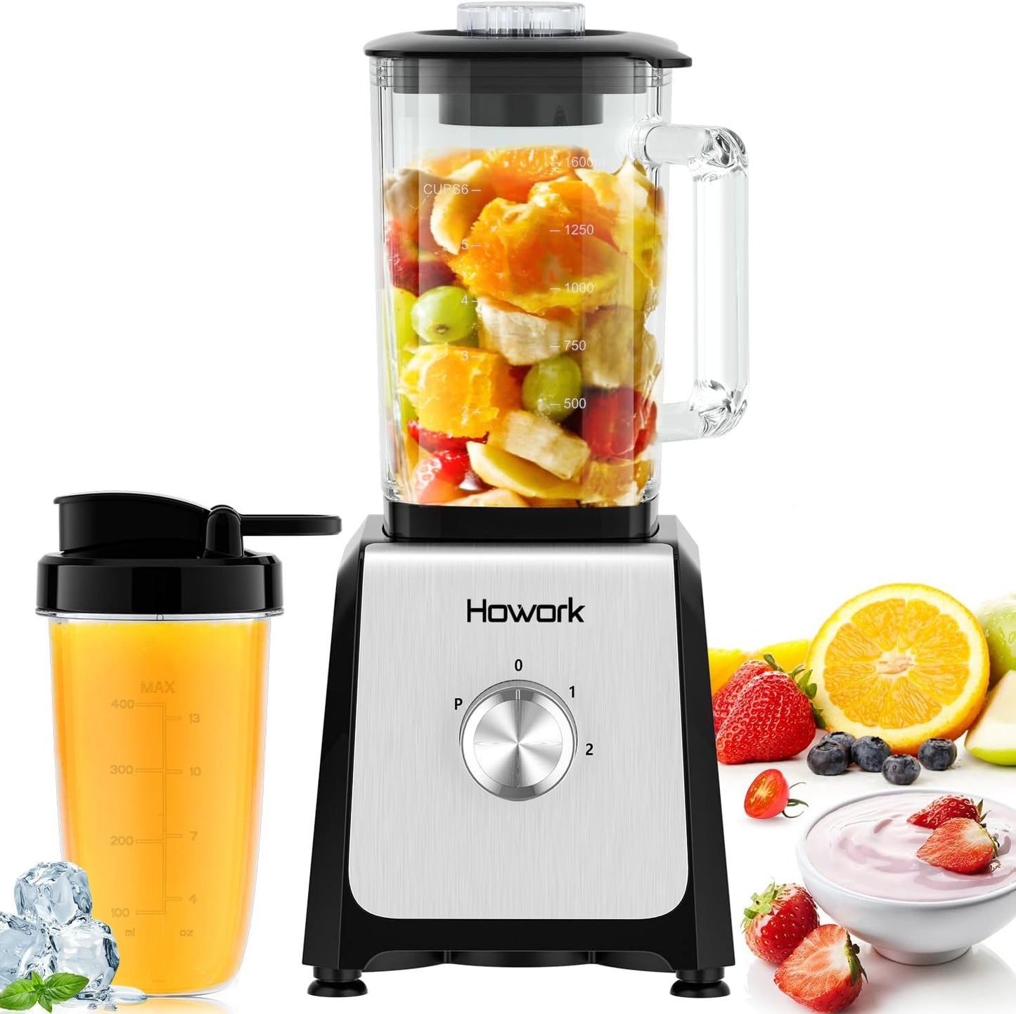 HOWORK Blender for Smoothies, 750W Personal Blender, 56 Oz Glass Jar, 16oz Portable Cups,2+p speed, 3 Functions for Smoothies, Frozen Drinks & Ice Cream,Black