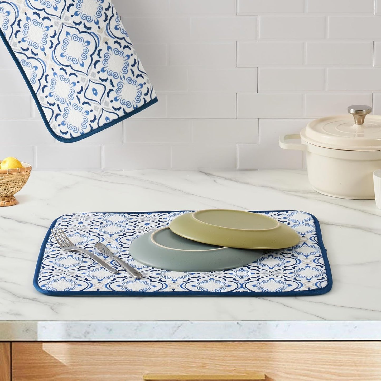 FRESHMINT Printed Dish Drying Mats for Kitchen Counter 2 Pack Absorbent Reversible Drying Mats Microfiber Kitchen Countertop Protector Dishes Drying Pad Extra Large 18"x24" Dish Mat