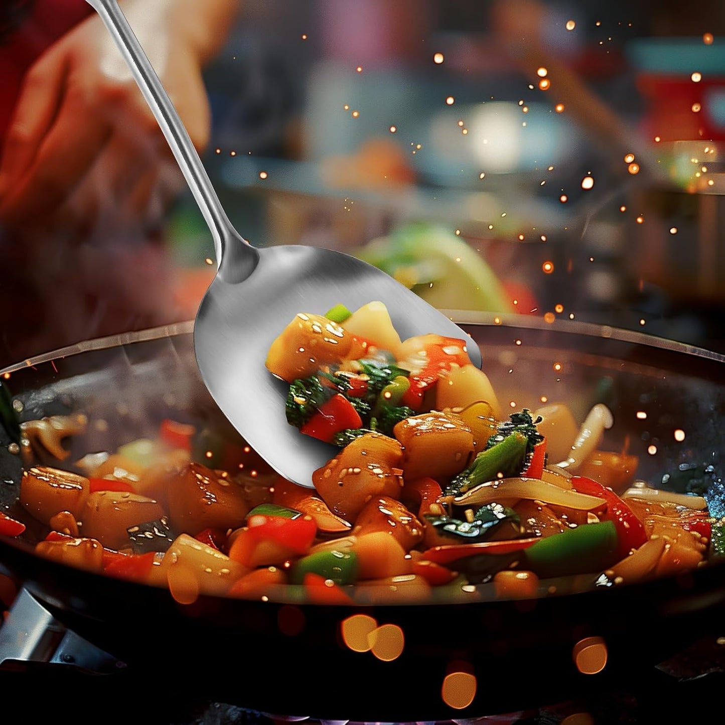 14-15" Wok Spatula and Ladle,2 PCS Wok Tools Set,304 Stainlss Steel Cooking Utensils,Matte Wok Accessories,Solid Wok Utensils