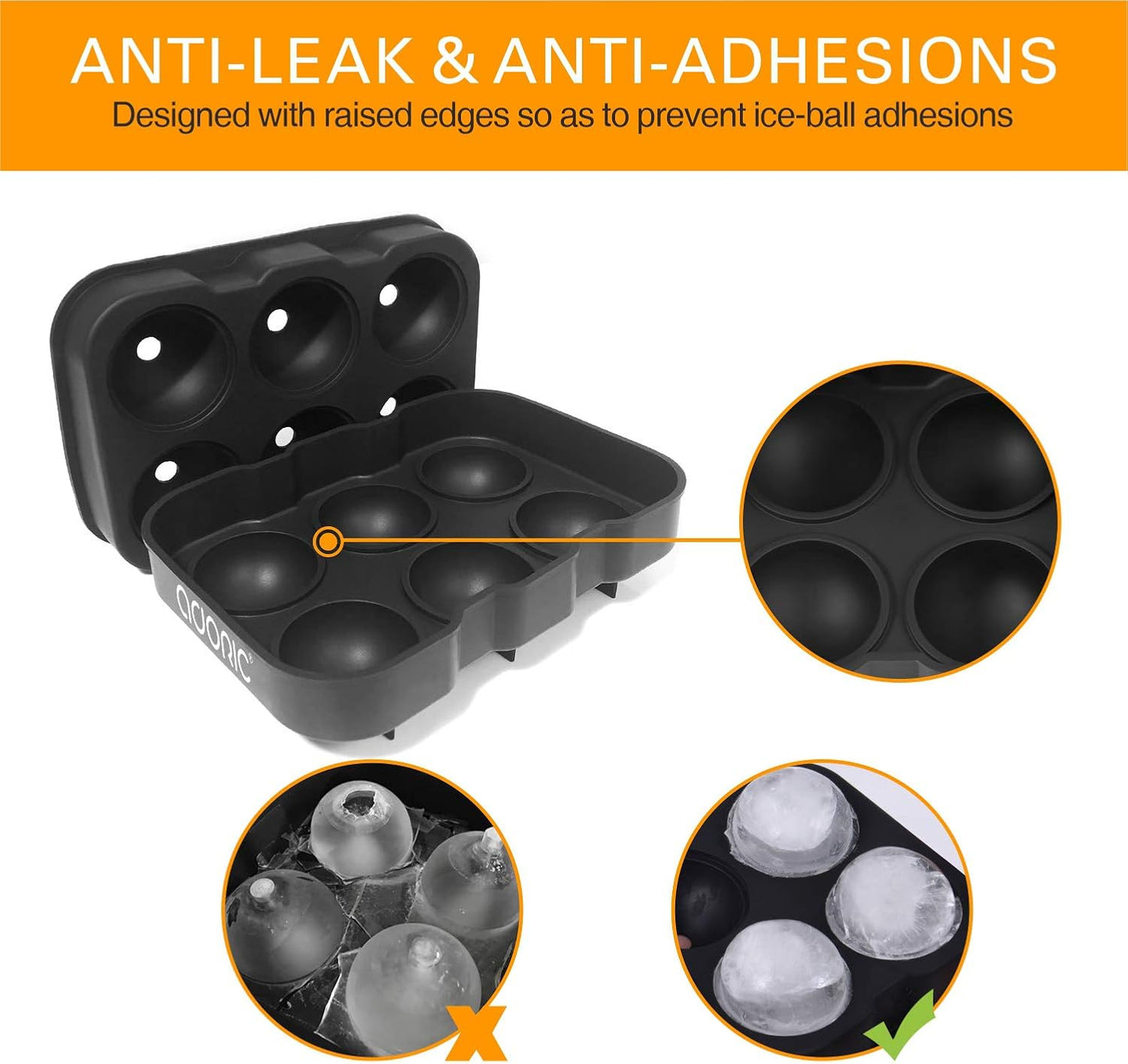 Ice Cube Trays (Set of 2), Sphere Ice Ball Maker & Square Large Ice Cube Molds, Freezer Molds for Whiskey, Cocktails, Homemade Drinks‌‌-Reusable & BPA Free