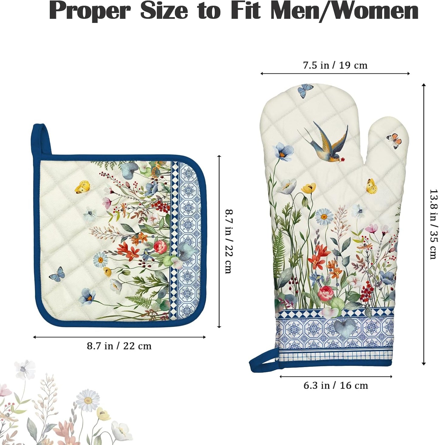 Retro Wildflowers Oven Mitts and Pot Holders Sets 4Pcs, 100% Cotton Heat Resistant, Extra Long Oven Gloves Potholder for Kitchen Cooking Baking Housewarming