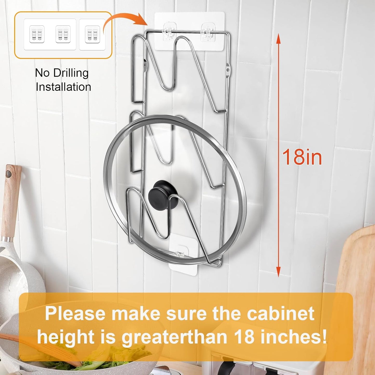 2 Pack Pot-Lid-Organizer, 6-Tier Pots and Pans Lid-Organizer for Cabinet Door/Wall, No Drilling Adhesive Wall/Door Mounted Rustproof Pot-Lid-Holder for Kitchen Organization - silver