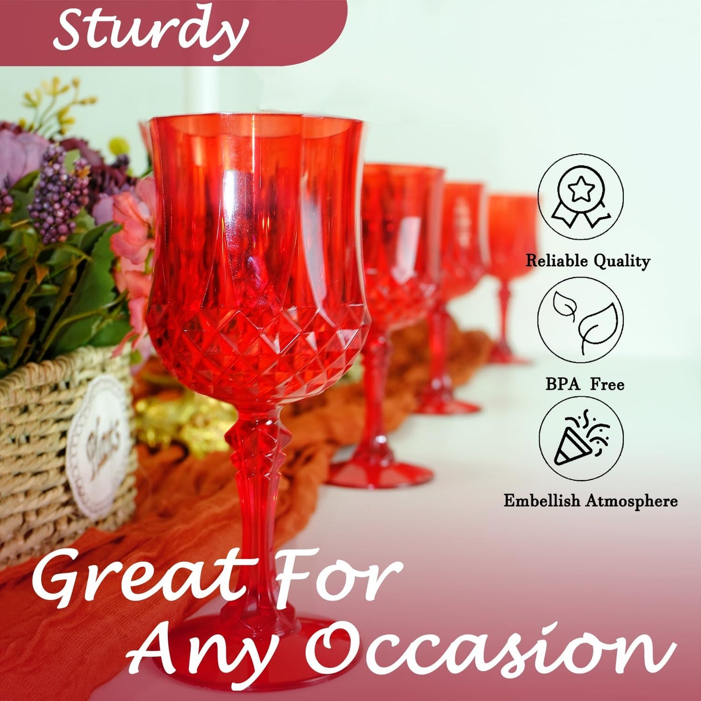 Plastic Wine Glasses，Plastic Goblets Vintage Style Cordial Drinking Glasses for Wedding Reception, Grand Event Party Supplies (24, Red)