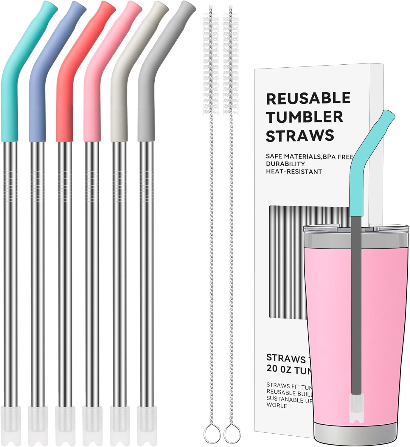 20 oz Straight Metal Straws with Silicone Tip for 20 oz Tumbler, 6 Pcs Stainless Steel Reusable Drinking Metal Straw for YETI, STANLEY, US Acrylio, BJPKPK, Simple Modern and so on