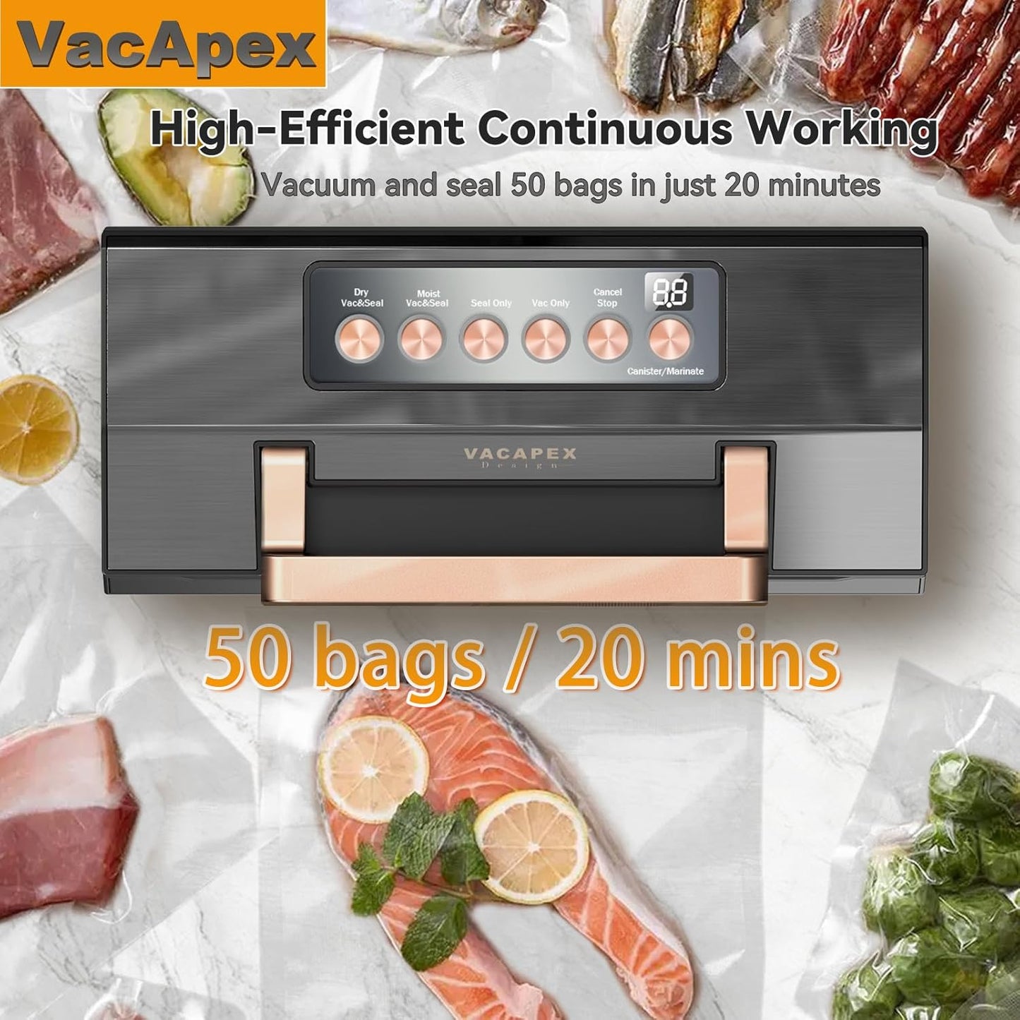 2025 Black Stainless Steel Food Vacuum Sealer, VACAPEX Deluxe Vacuum Sealer Machine with 11" Double Heat Seal and Automatic One-Touch System, Bags Storage & Cutter, Easy-Lock Handle with 2 Bag Rolls