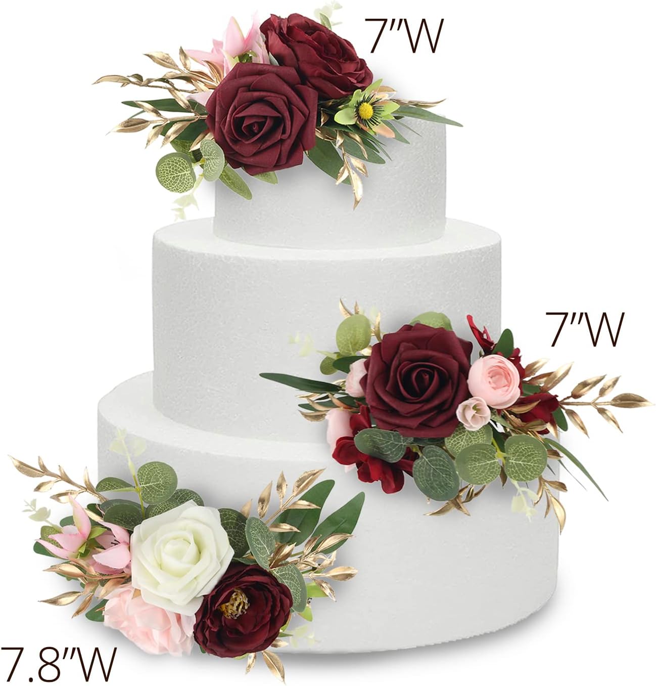 Rinlong Pre-made 3Pcs Cake Toppers Burgundy Flowers Cake Decorations Wedding Cake Decorating Flowers Decor Birthday Baby Shower Party Christening Christmas Cake Toppers