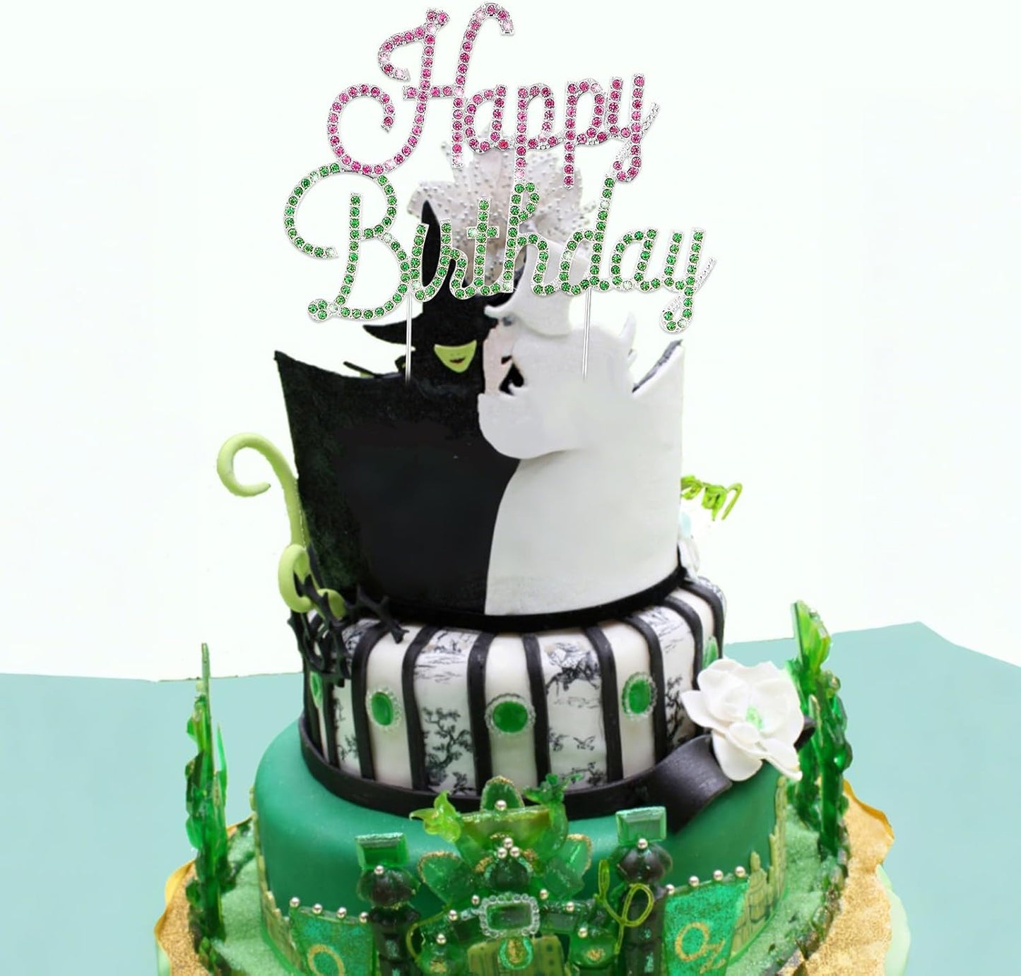 Happy Birthday Cake Topper Pink & Green Rhinestones Wicked Themed Cake Topper for Birthday Party Decorations