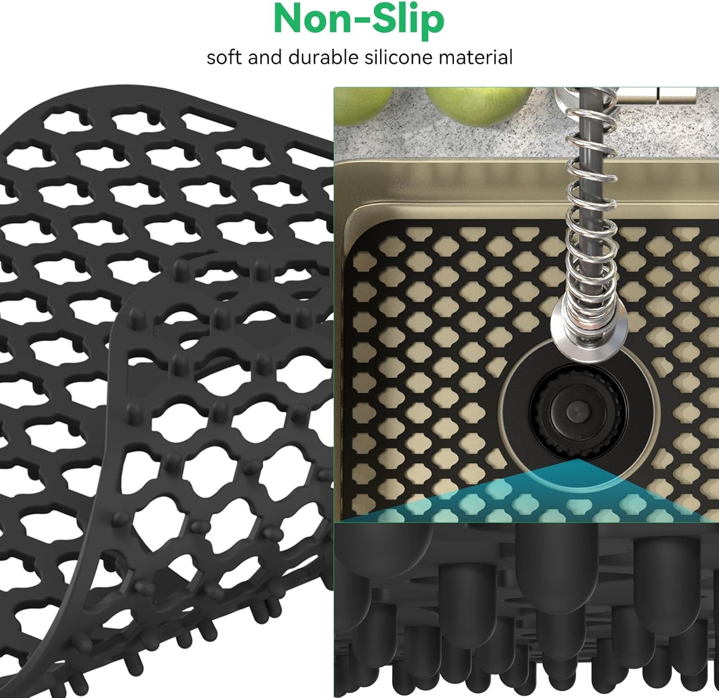 TOOVEM Kitchen Sink Mats, 2PCS Non-Slip Heat Resistant Silicone Sink Protector Mat, Folding Farmhouse Sink Mats, Center Drain, Black