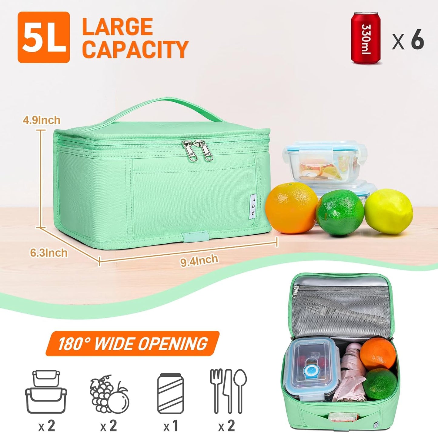 NOL Natural Organic Lifestyle Small Lunch Bag Mini Lunch Box Insulated Lunch Bag for Men/Women Leakproof Cooler Tote Bag Lightweight Nylon Waterproof Lunch Box For Work,Mint green