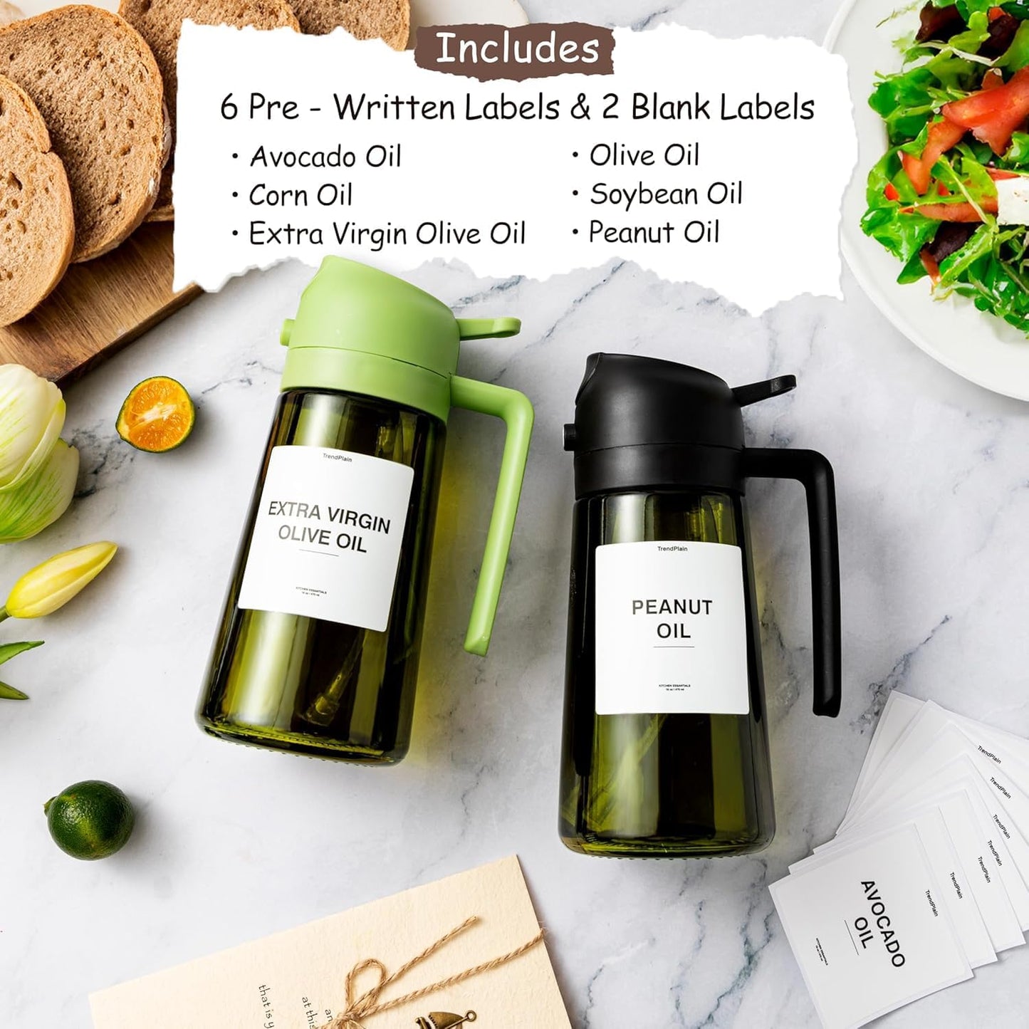 TrendPlain - Original 16oz/470ml Olive Oil Dispenser Bottle for Kitchen Gadgets and Air Fryer Accessories - Olive Oil Sprayer for Cooking w/Stickers - Black&Navy