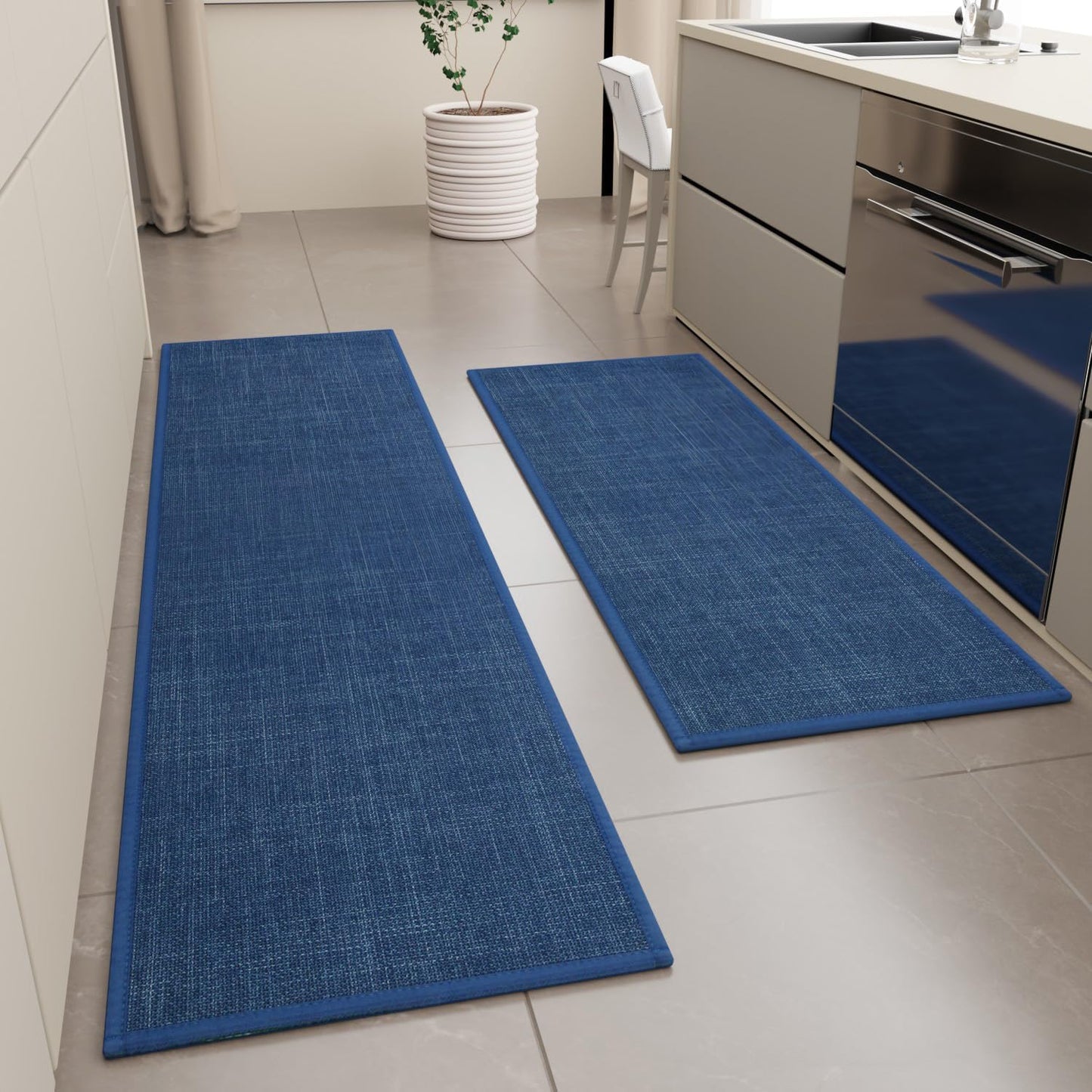 Kitchen Mat Set of 2 PCS, Cushioned Non Slip Rugs for Kitchen Floor, Absorbent Runner Comfort Standing Mats Washable for Kitchen, Office, Home (Dark Blue, 17.3"x47"+17.3"x71")