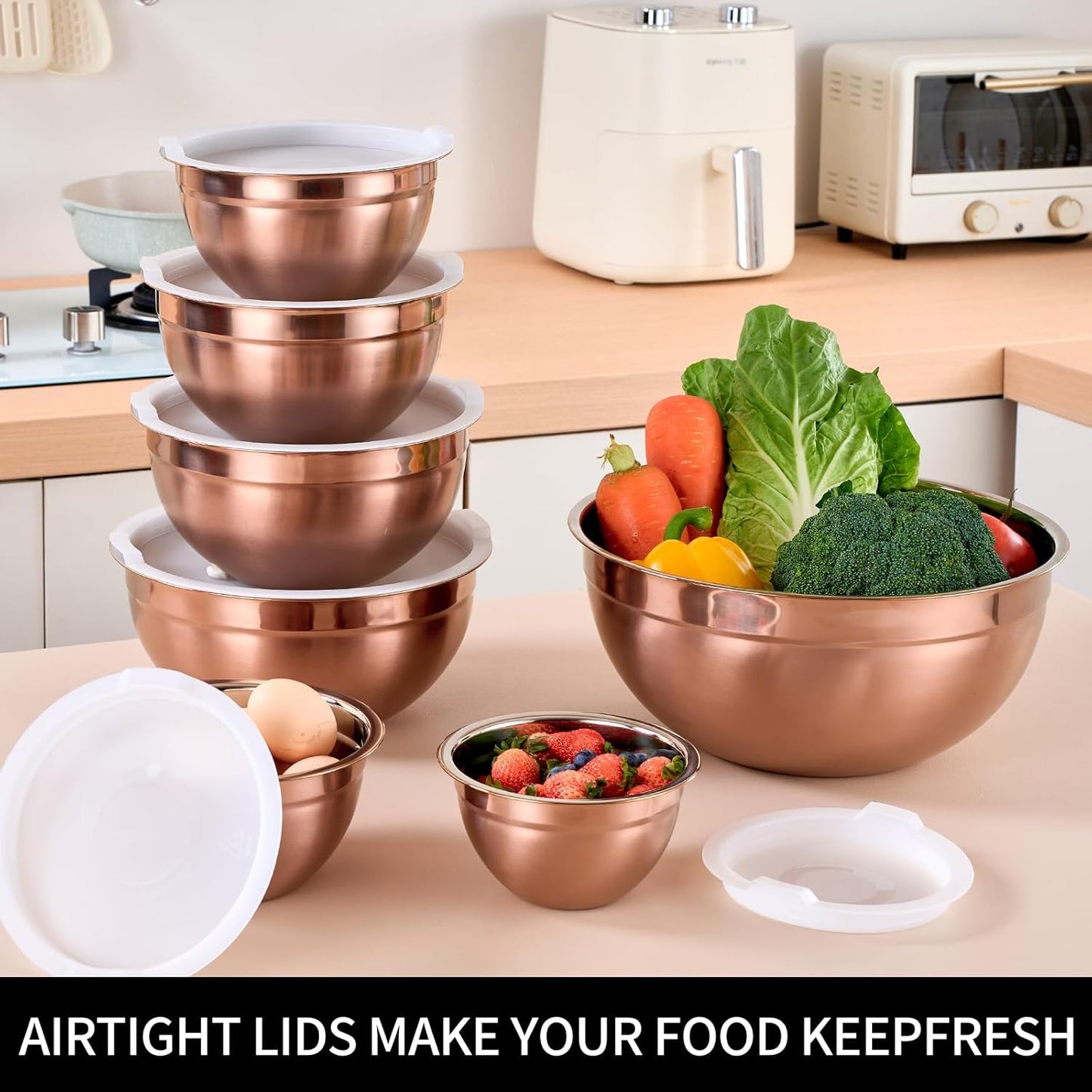 Rose Gold Mixing Bowls with Lids Set of 7, Stainless Steel Nesting Bowl with Khaki Lid for Non-slip Mixing Prepping Storing Serving, 7 Sizes-7/3.6/2.7/2.1/1.5/1/0.8 QT