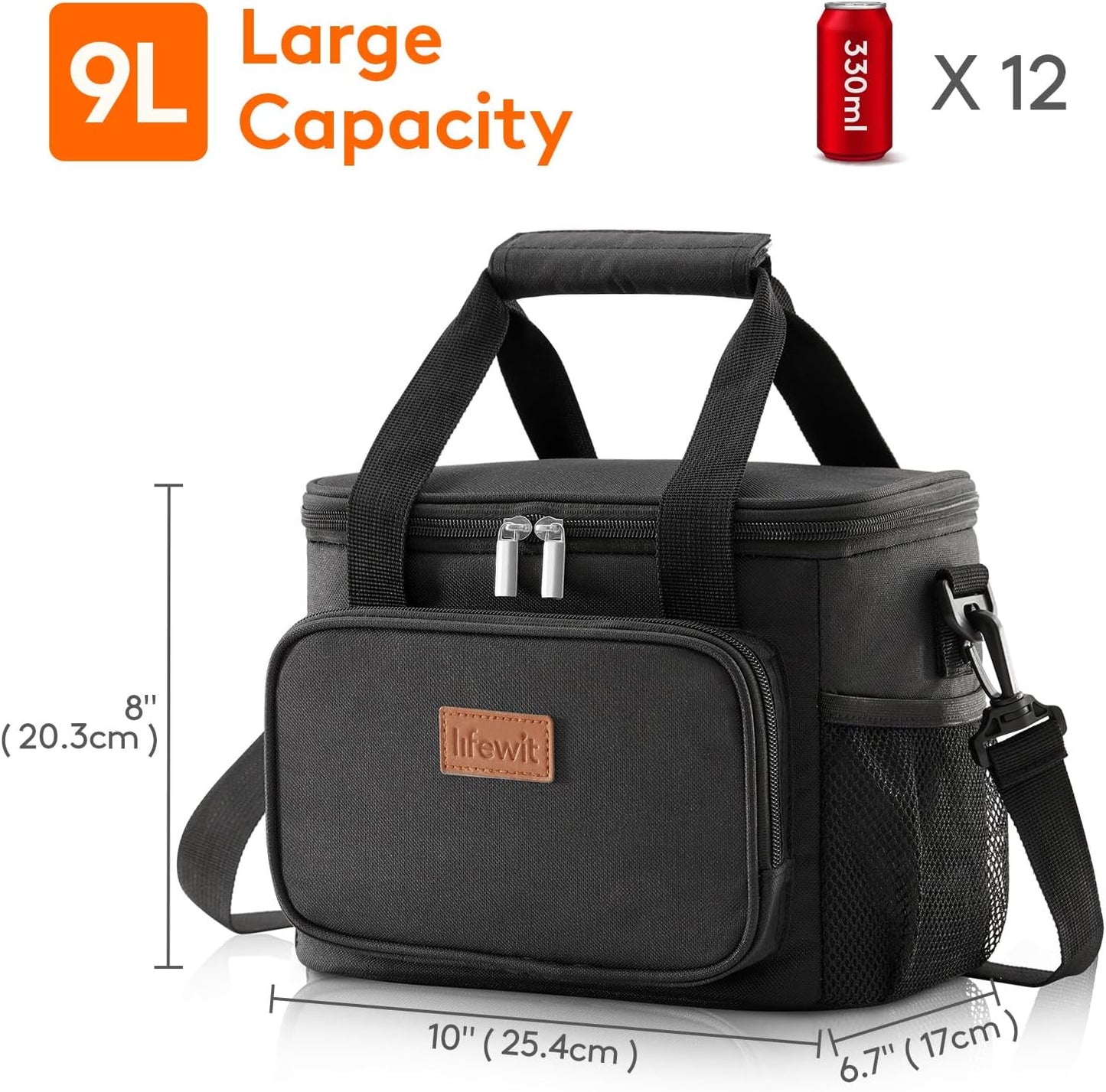 Lifewit Medium Lunch Bag Insulated Lunch Box Soft Cooler Cooling Tote for Adult Men Women, Black 12-Can (9L)
