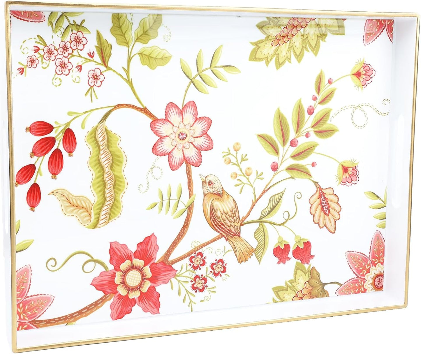 Spsyrine Decorative Serving Tray with Handles, White Lacquered Coffee Table Tray for Ottoman, Rectangle Waterproof Platters for Centerpieces, Parties, Living Room, Kitchen Counter Organization