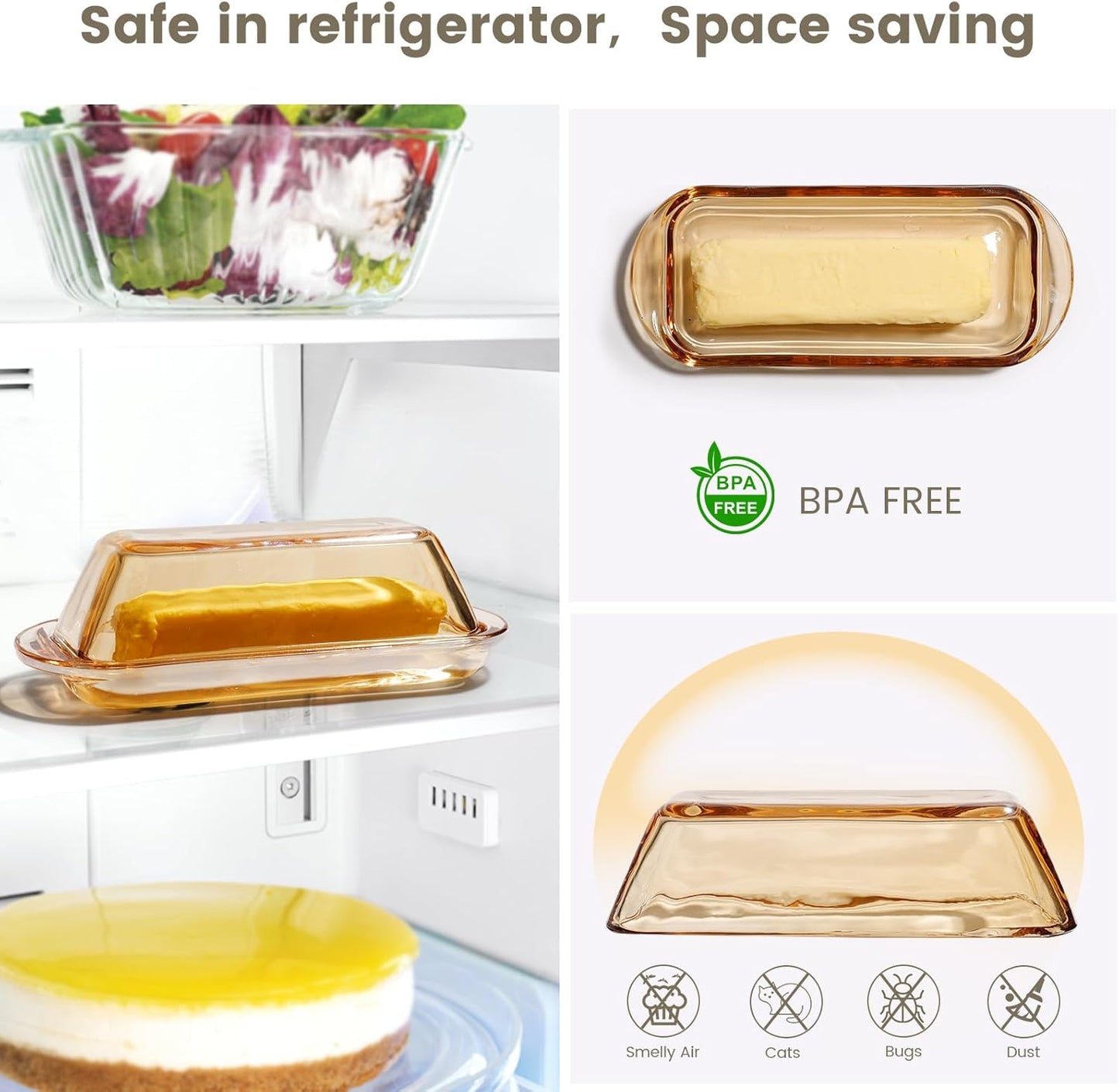 Glass Butter Dish Butter Keeper and Butter Holder for Fridge,Butter Dish with Lid for Countertop,Vintage Container for Counter,Butter Tray on Counter (Amber-7)