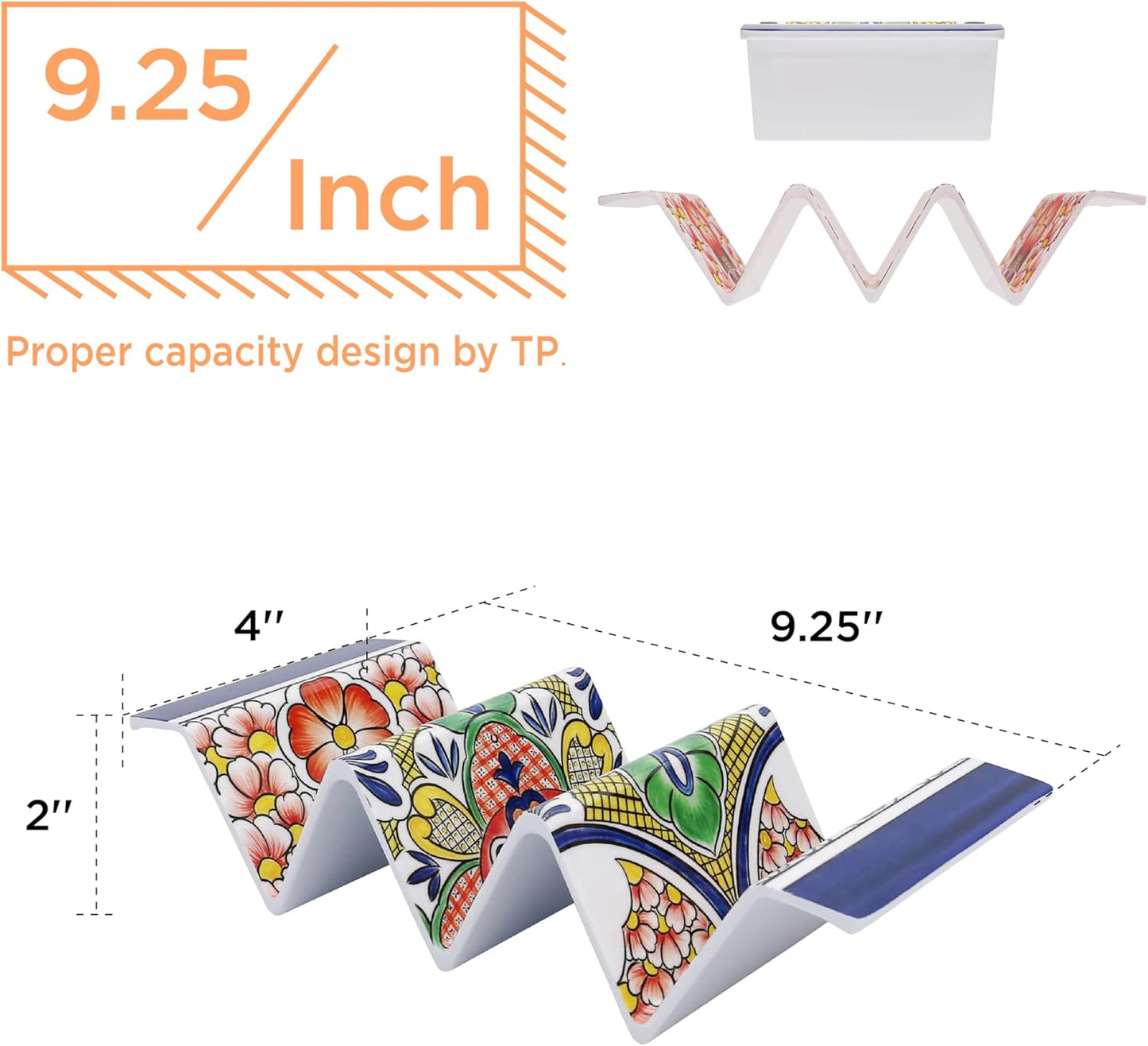 TP Taco Holder Stands, Set of 2 Melamine Large Taco Serving Rack Tray with Handle, Holds 3 Tacos, Dishwasher Safe, Ideal for Taco Night, Party, Home, Fiesta, Talavera Tile