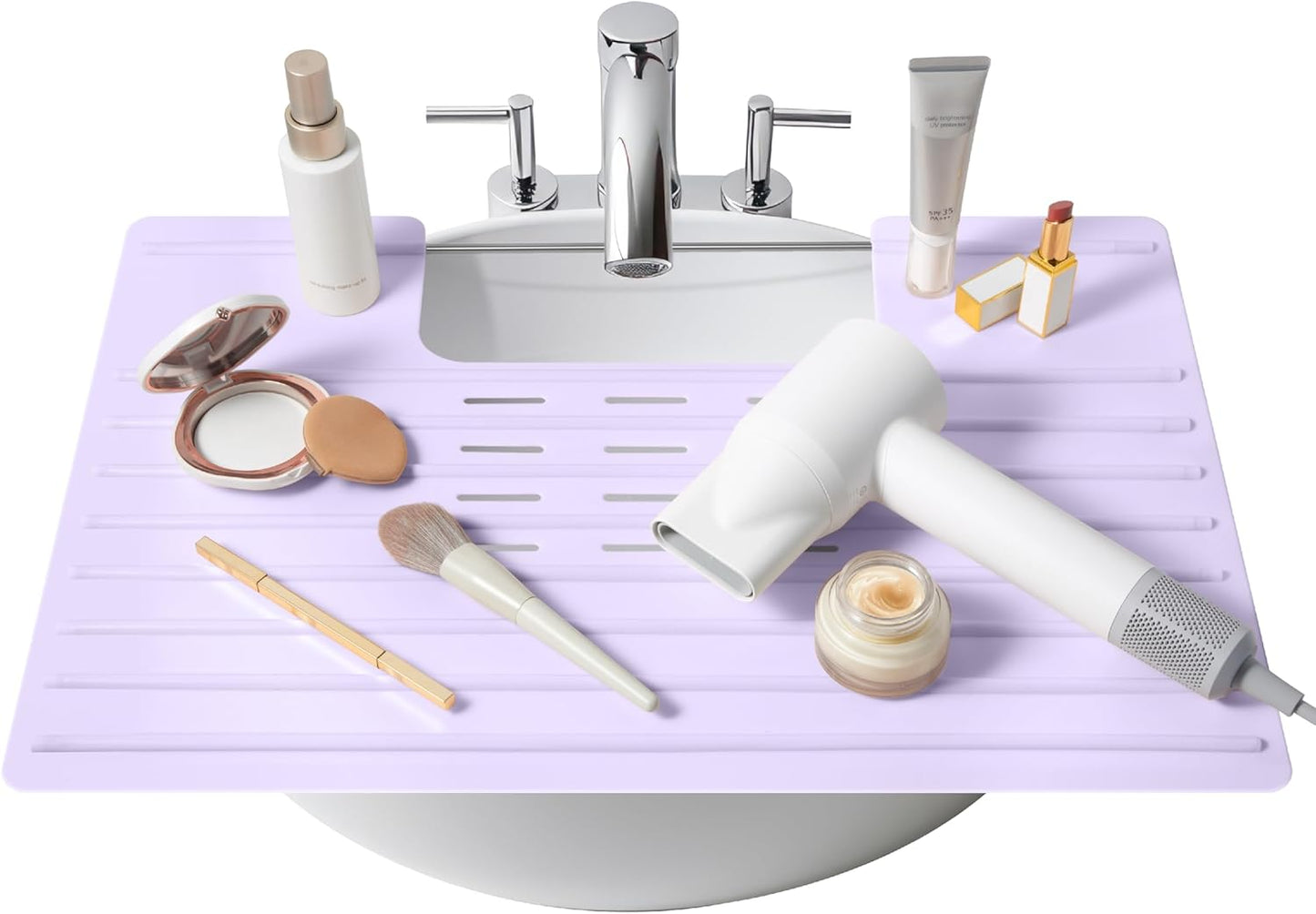 Maplefield Bathroom Sink Cover for Counter Space, Heat Resistant Silicone Sink Mat for Your Beauty Routine, Small Bathroom Space Saver Sink Cover for Makeup (Lavender Large, 22 x 2 x 2 Inches)
