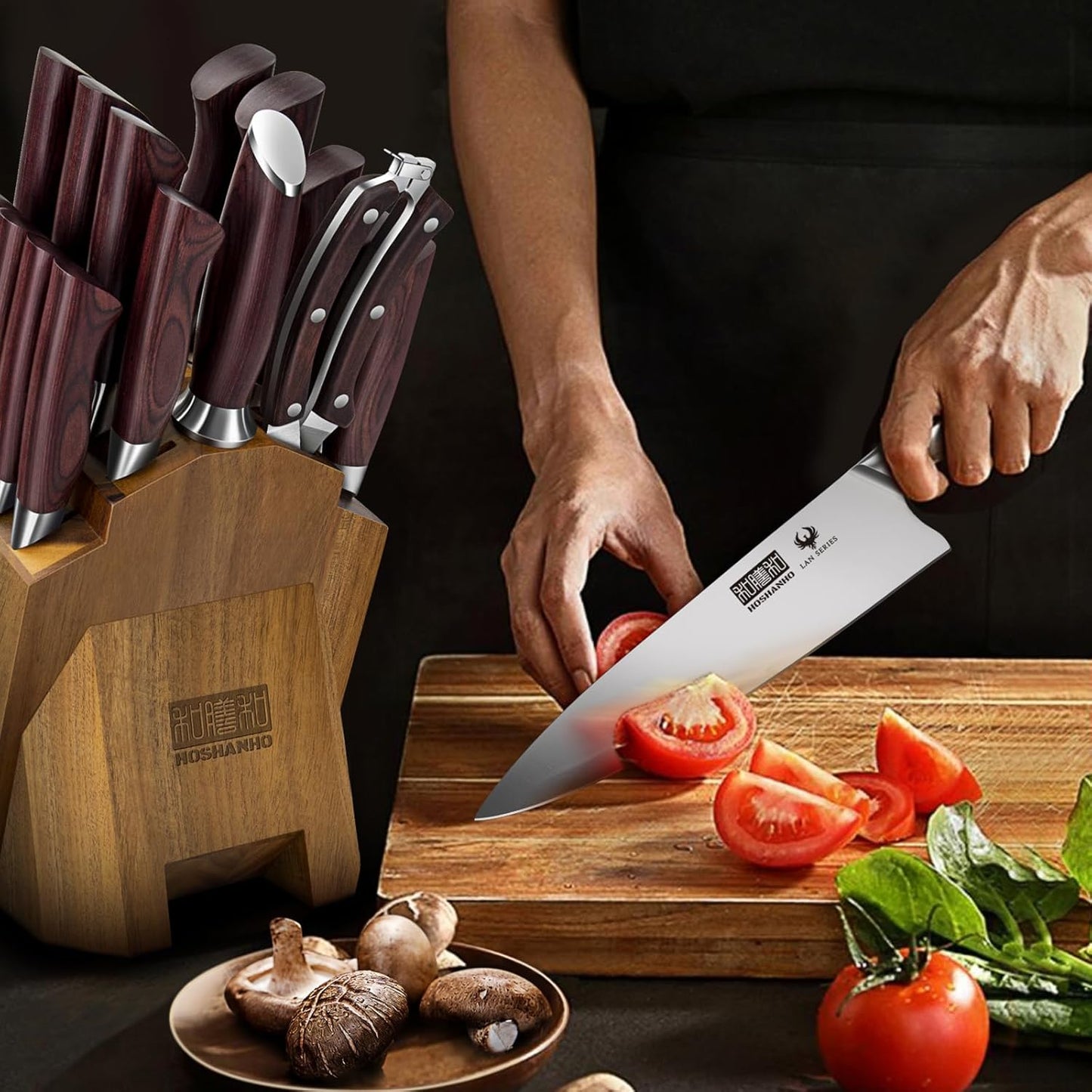 HOSHANHO Kitchen Knife Set with Block 18-Piece, Super Sharp High Carbon Stainless Steel Chef Knife Set, Professional Cutlery Knife Set with Sharpener