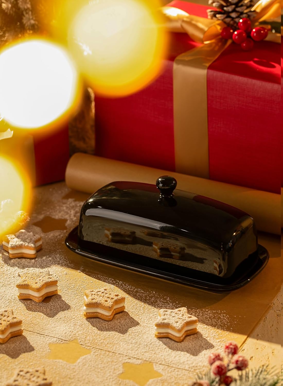 Sweese Butter Dish with Lid, Porcelain Butter Keeper, 7.8 Inch Butter Holder with Handle Cover, Butter Container Perfect for East West Coast Butter, Black