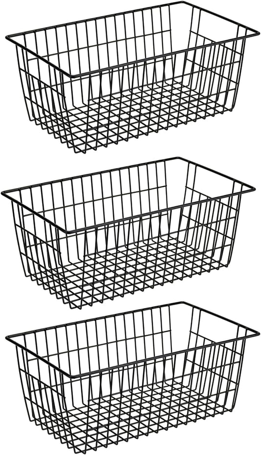SANNO Large Freezer Baskets Metal Storage Organizer Bin Basket Wire Storage Basket for Kitchen Pantry Bathroom Large Metal Farmhouse Food Fruit Produce Organizer Bins,black,3