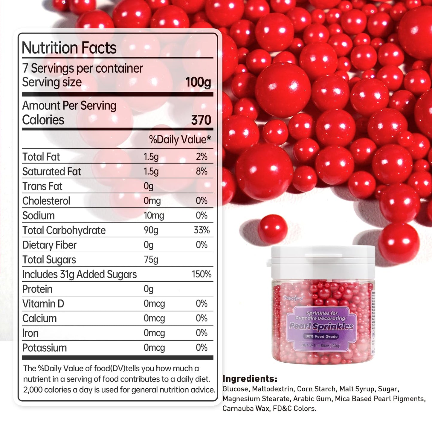 Dazzjoy Edible Christmas Red Pearl Sugar Sprinkles, Mix Size, 4.58oz, Red Sprinkles for Cupcake Decorating, Baking Cake Decorations, Wedding Party Valentines Easter Supplies