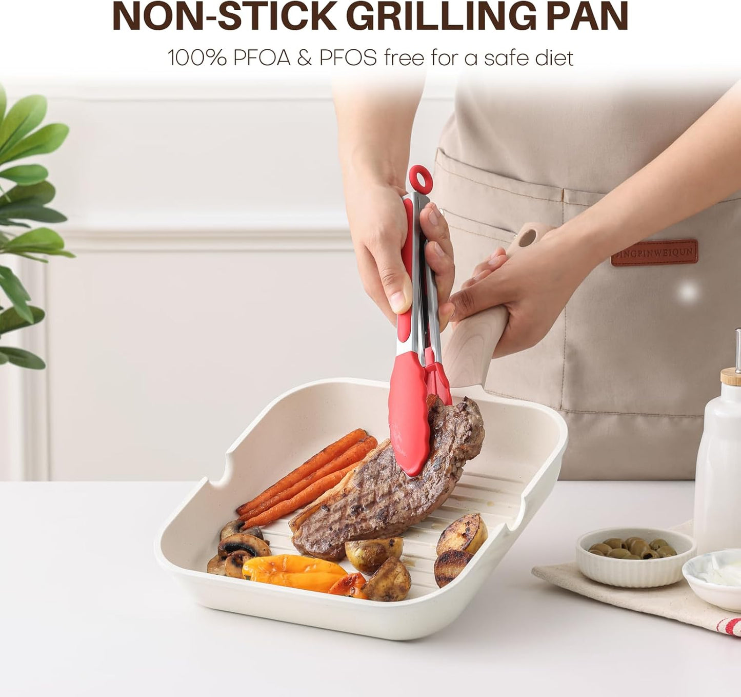 Nonstick Grilling Pan with Lid for Stove Tops, 9.5 Inch Square Grill Pan for Indoor Cooking, Healthy Coating Grill Skillet with Pour Spouts, Versatile Griddle, Induction Steak Pan, White