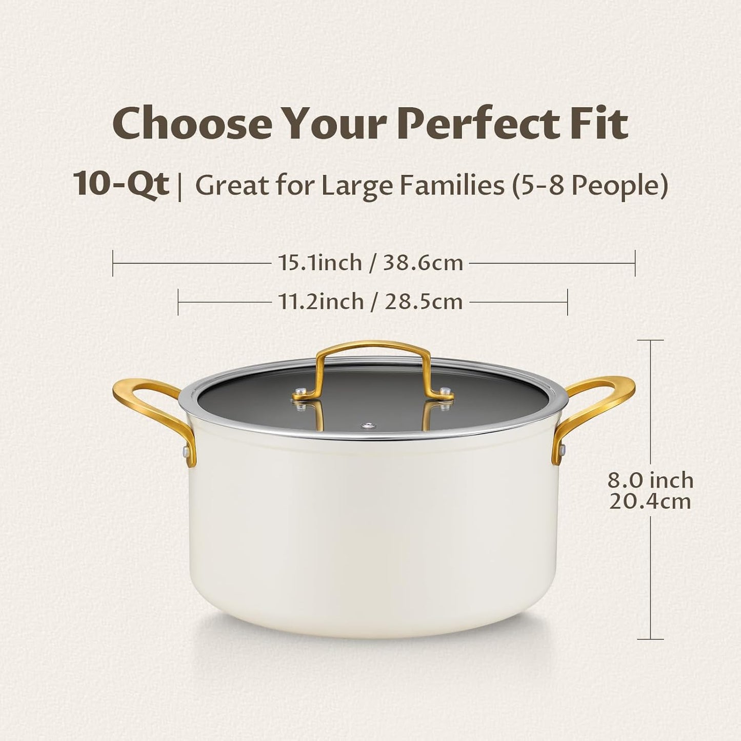 BEZIA 10 Quart Cooking Pot with Ceramic Coating, Non-Stick Stock Pot with Tempered Glass Lid, Large Soup Pot with Stainless Steel Handle, Induction Compatible Stockpot, Dishwasher Safe, Cream