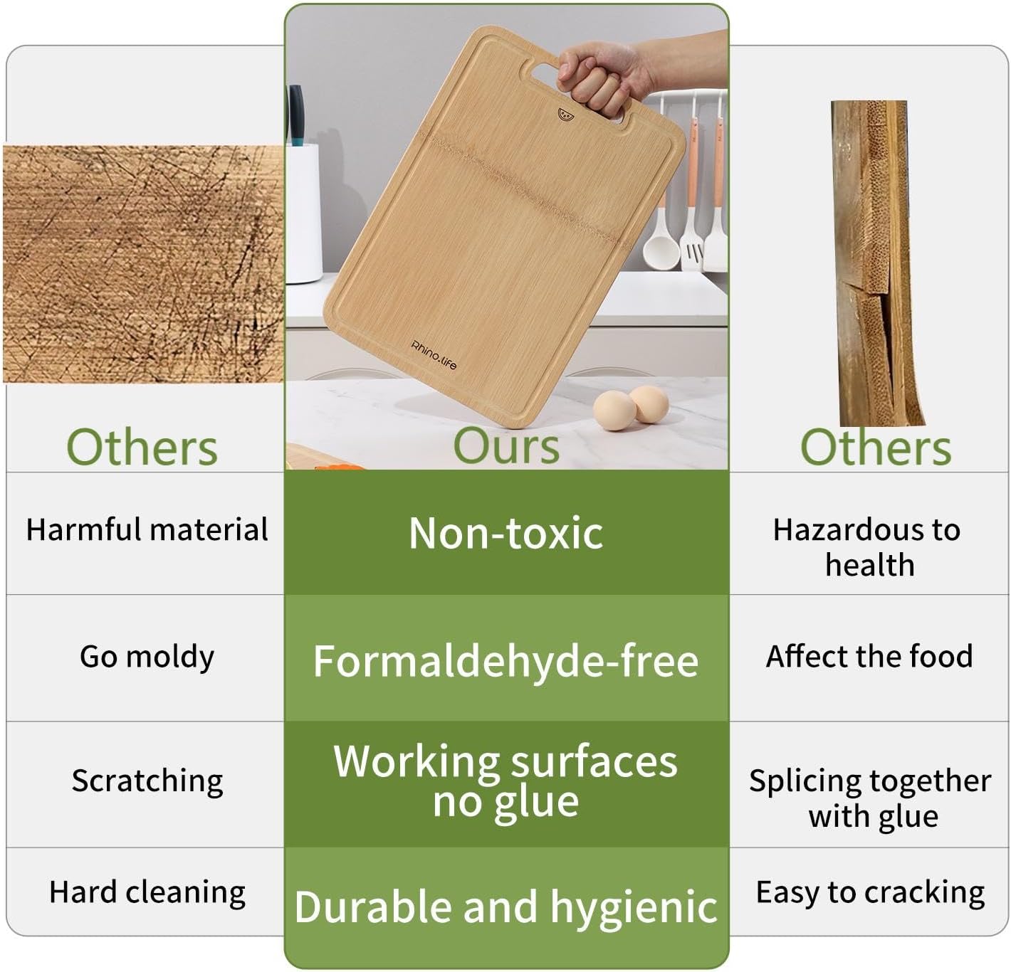 Healthy and No Glue & Organic Non Toxic Large Bamboo Cutting Board with hands for Kitchen,Plastic Free & Juice Groove, Non-solid wood Cutting Board for Meat, Vegetables and Fruits(16 * 11inch)