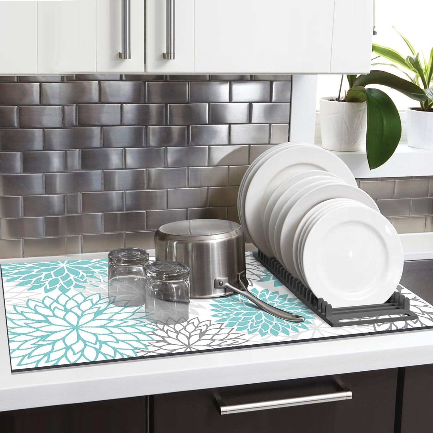 Findosom 2PCS 17" x 32" Dish Drying Mat & 24" x 5.5" Sink Splash Guard, Super Absorbent & Cuttable Dish Mat Drying Kitchen Mat with Teal Floral, Hide Stain Drying Mat for Kitchen Counter