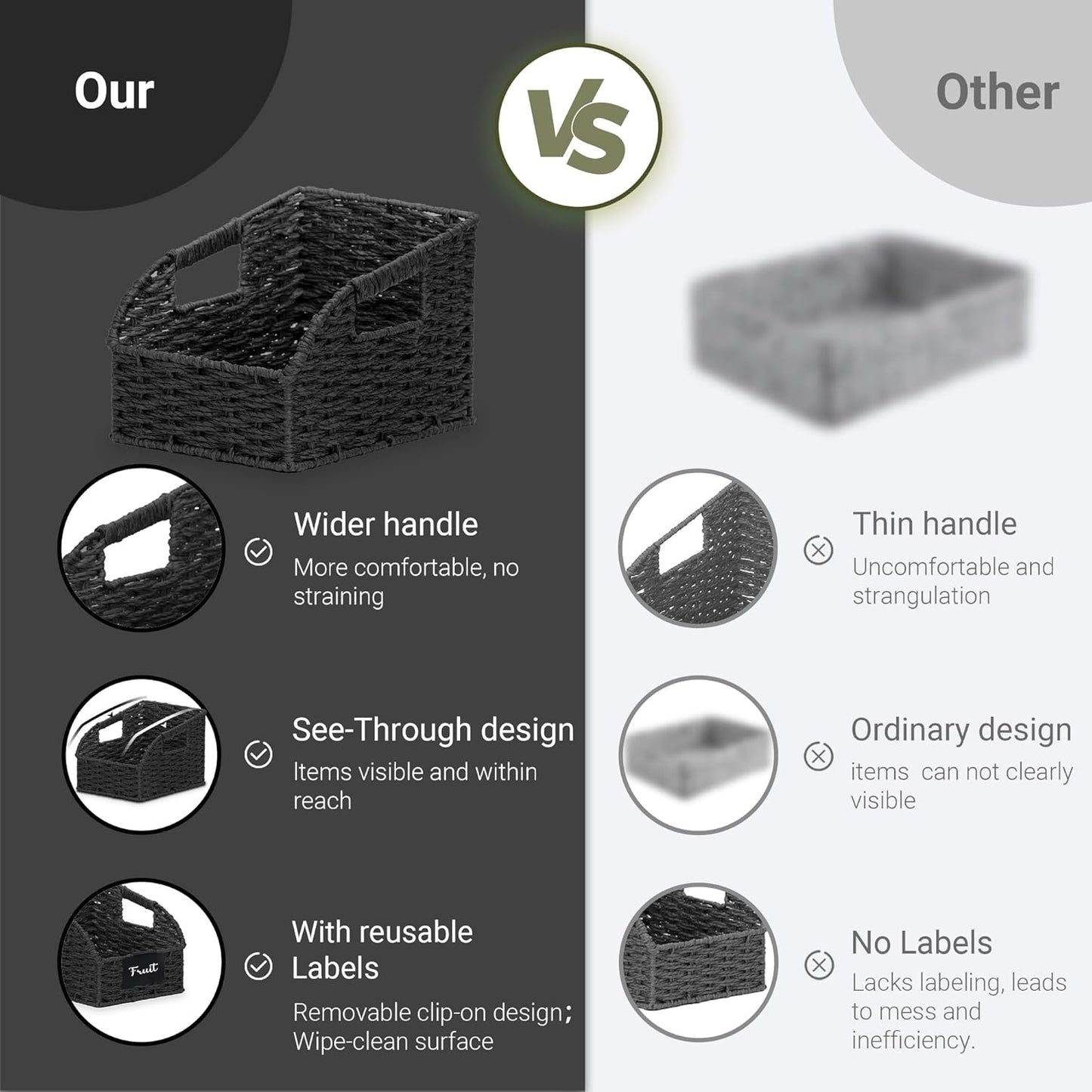 Wicker Baskets for Organizing,Pantry, Kitchen Counter with Handles, Handwoven Woven Storage Baskets for Fruit, Bread, Vegetable, Paper Storage Bins for Shelves, 3 Pack, Black