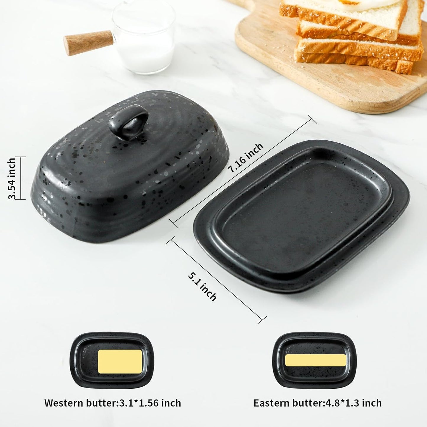 Hansense Porcelain Butter Dish with Lid for Countertop, Ceramic Butter Keeper with Handle Cover, Butter Holder Container Perfect for East and West Coast Butter, Dishwahser Safe, Dark