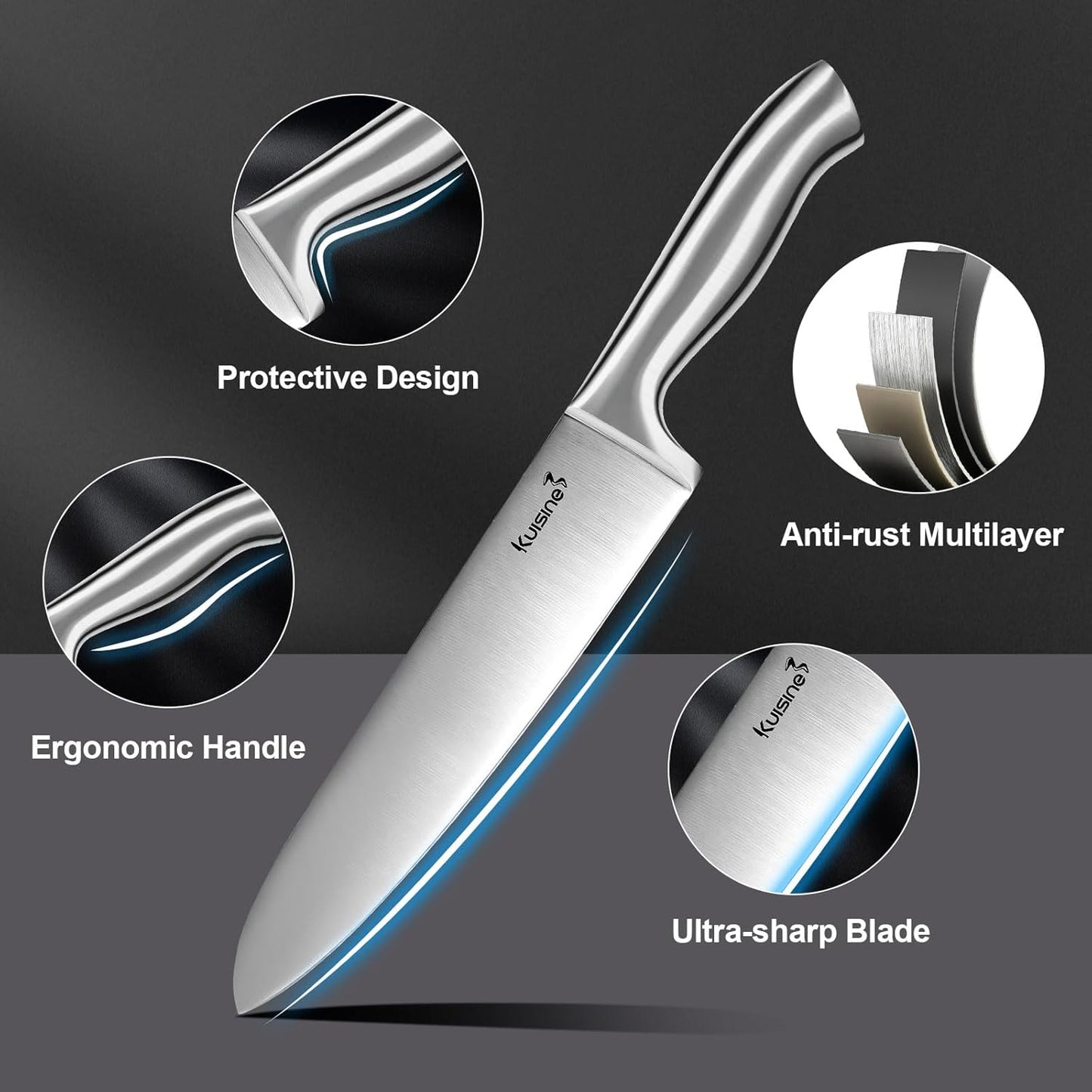 Kuisine Sharp Knife Set,One-piece Molding,Sharper Blade Ergonomic Non-slip Steel Handle,Block Knife Set Chef Knife Set with Built-in Sharpener(Black,15PCS)