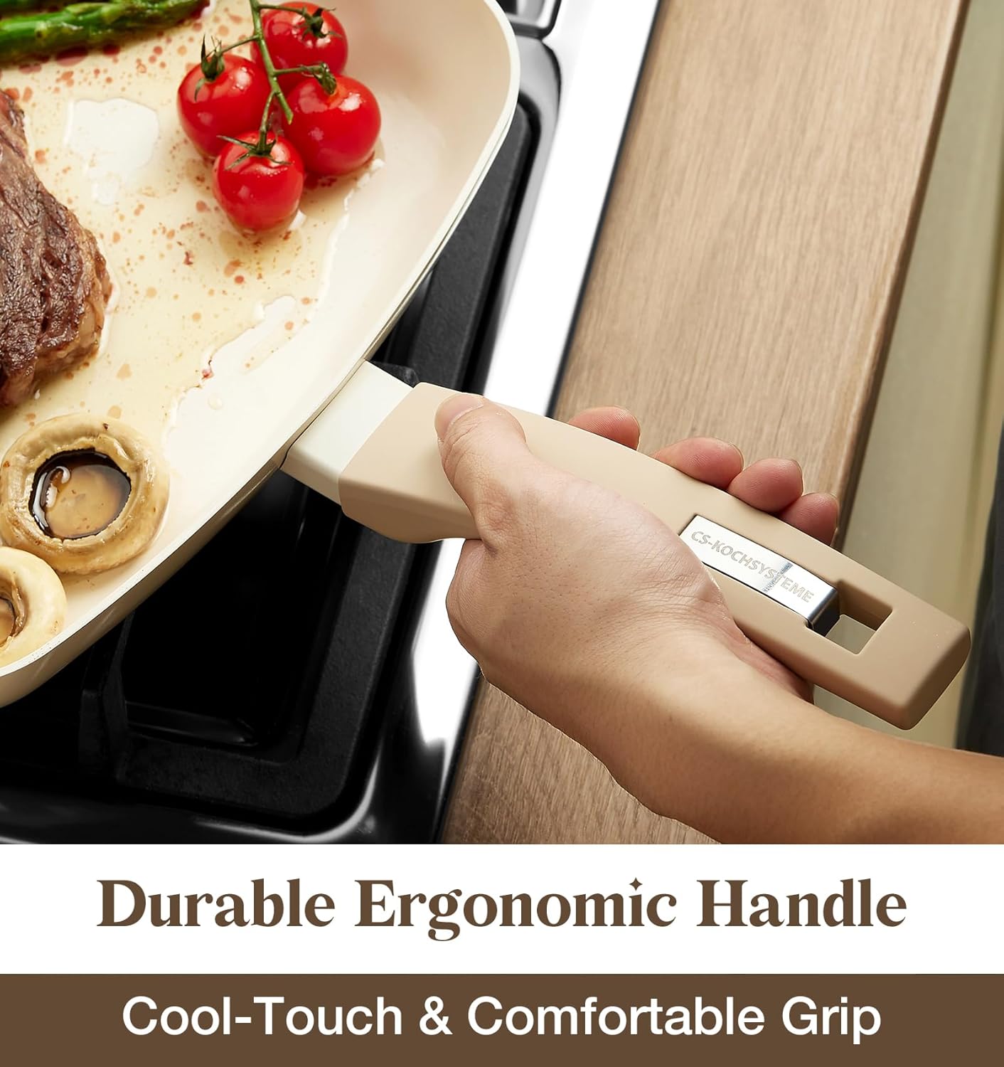 KOCH SYSTEME CS Nonstick Grill Pan for Indoor Cooking, 9.5 Inch Ceramic Square Frying Pan with Lid, Versatile Nonstick Griddle Pan for Stove Tops, Induction Compatible, Toxic-Free, Cream White