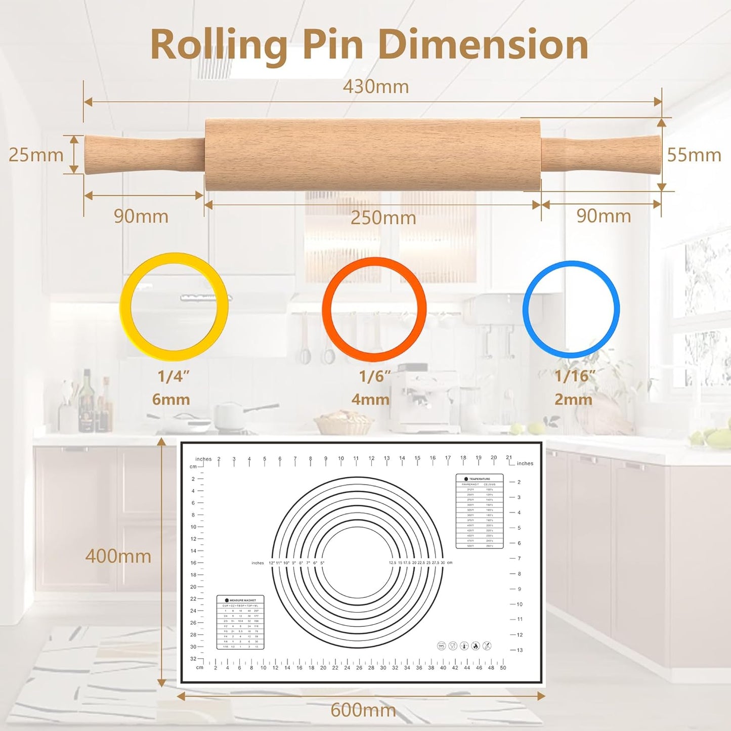 Classic Wooden Rolling Pin with Handle and Pastry Mat for Fondant, Pizza, Pies, Cookies, Rolling Pin for Baking with 3 Multi-Color Thickness Rings, 17" x 2.5" Natural Beechwood
