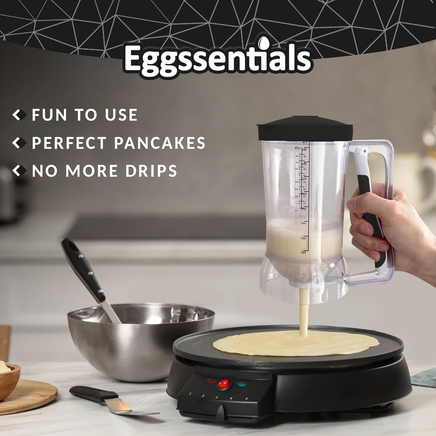 Eggssentials – Pancake Batter Dispenser, Batter dispenser with Squeeze Handle Mess-Free, Cupcakes, Waffles & More – Durable, Easy-Pour Pancake Dispenser Bottle for Smooth Baking